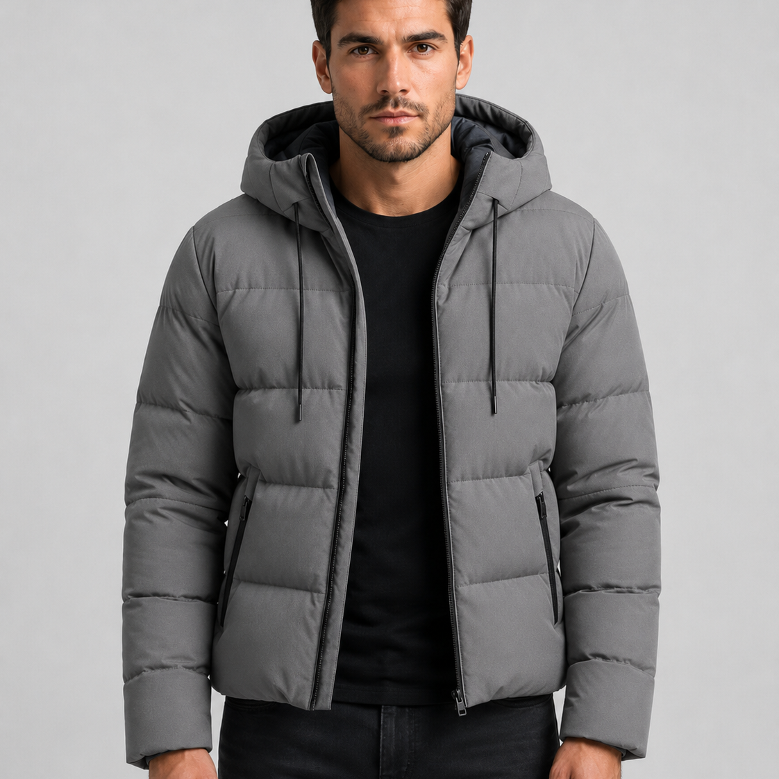 Giacca Uomo Imbottita con Cappuccio Tasche Zip Polsini a Coste