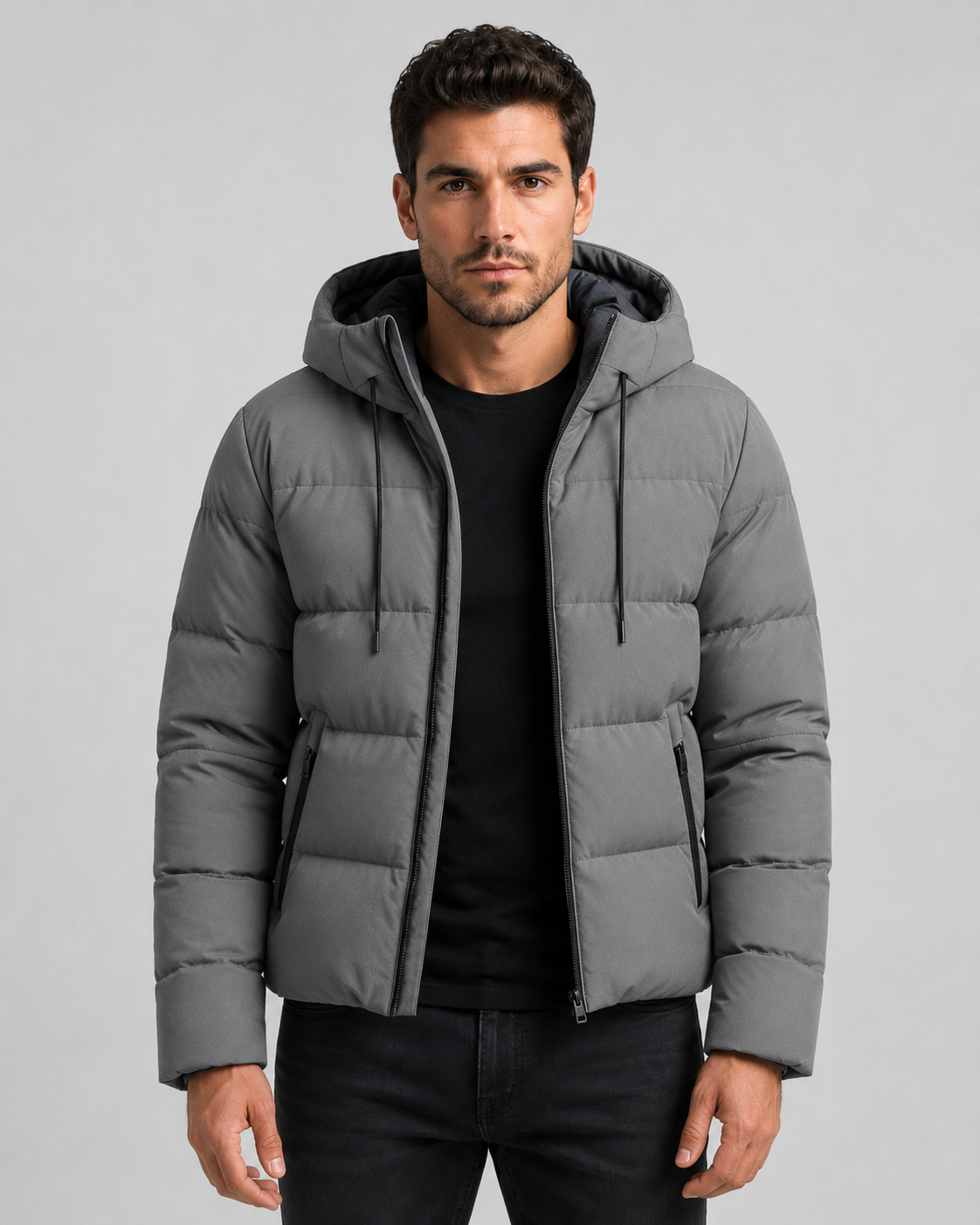 Giacca Uomo Imbottita con Cappuccio Tasche Zip Polsini a Coste