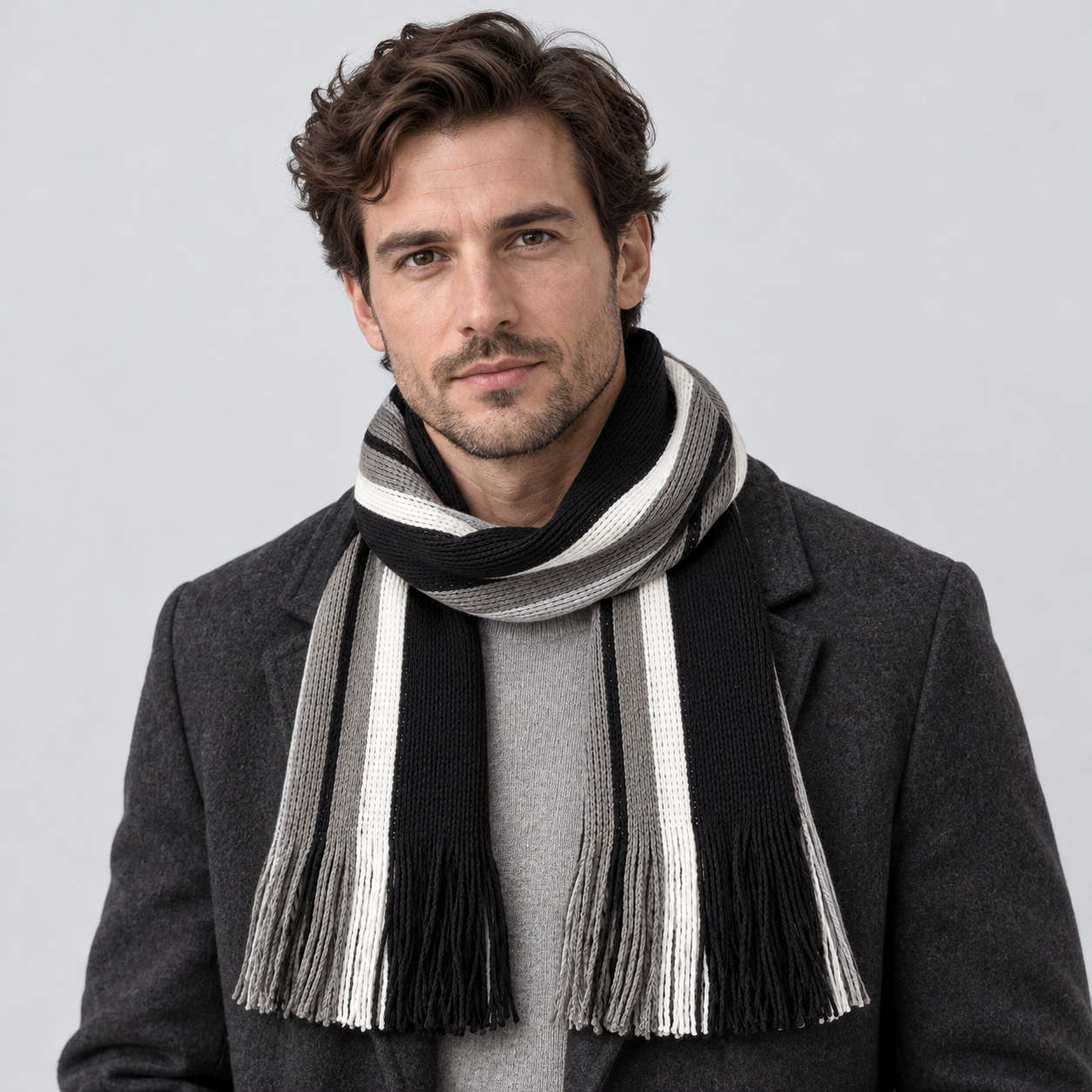 Sciarpa Uomo in Maglia a Righe Verticali con Frange 180 cm