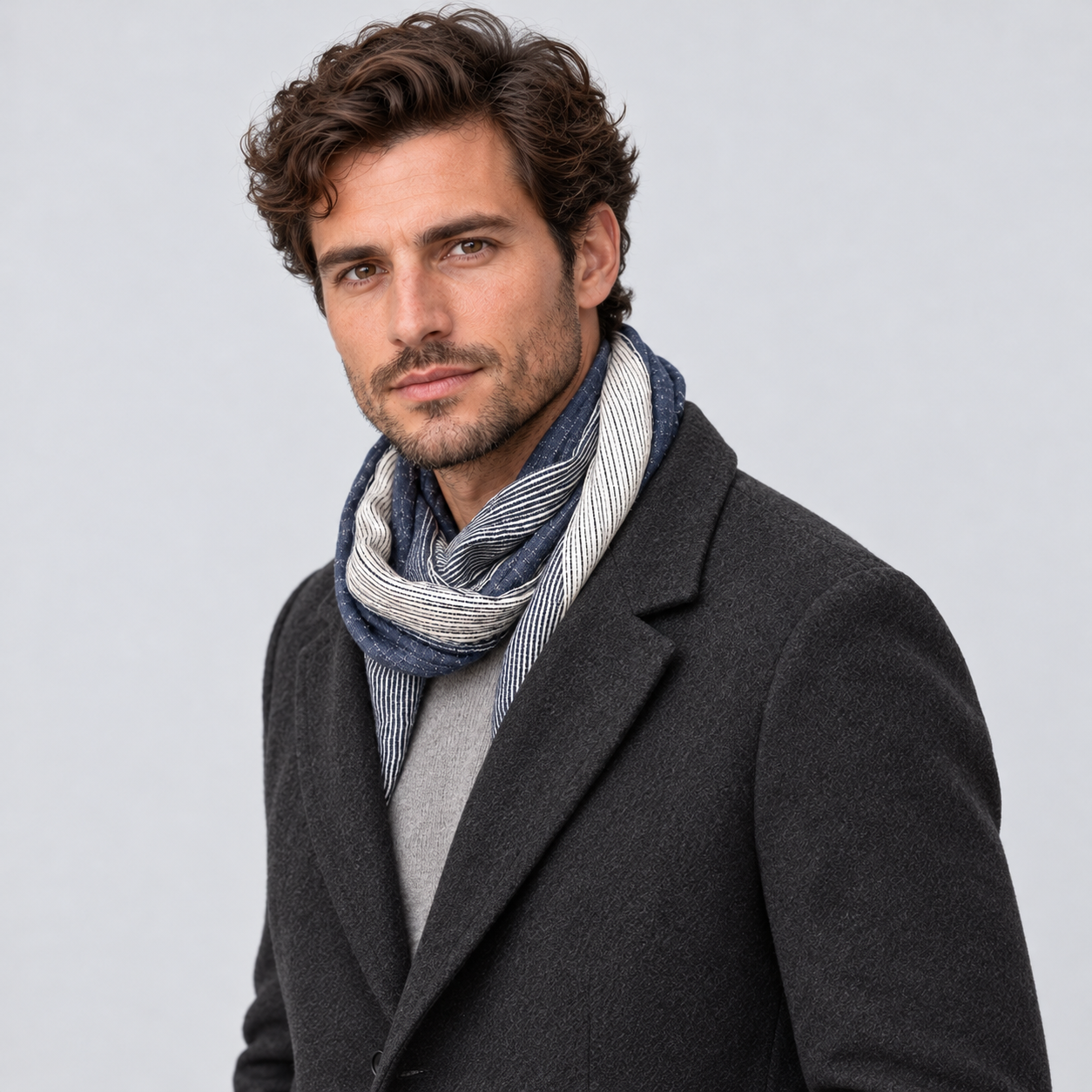 Sciarpa Uomo Leggera Bicolore Effetto Stropicciato Bordo Sfrangiato