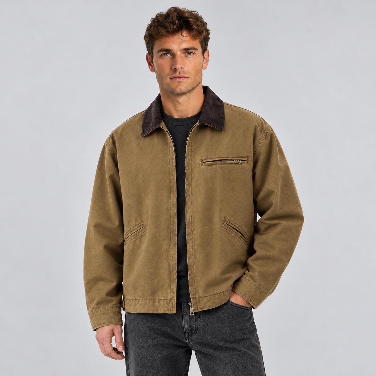 Barn Jacket Uomo Effetto Canvas Collo in Velluto a Coste Zip
