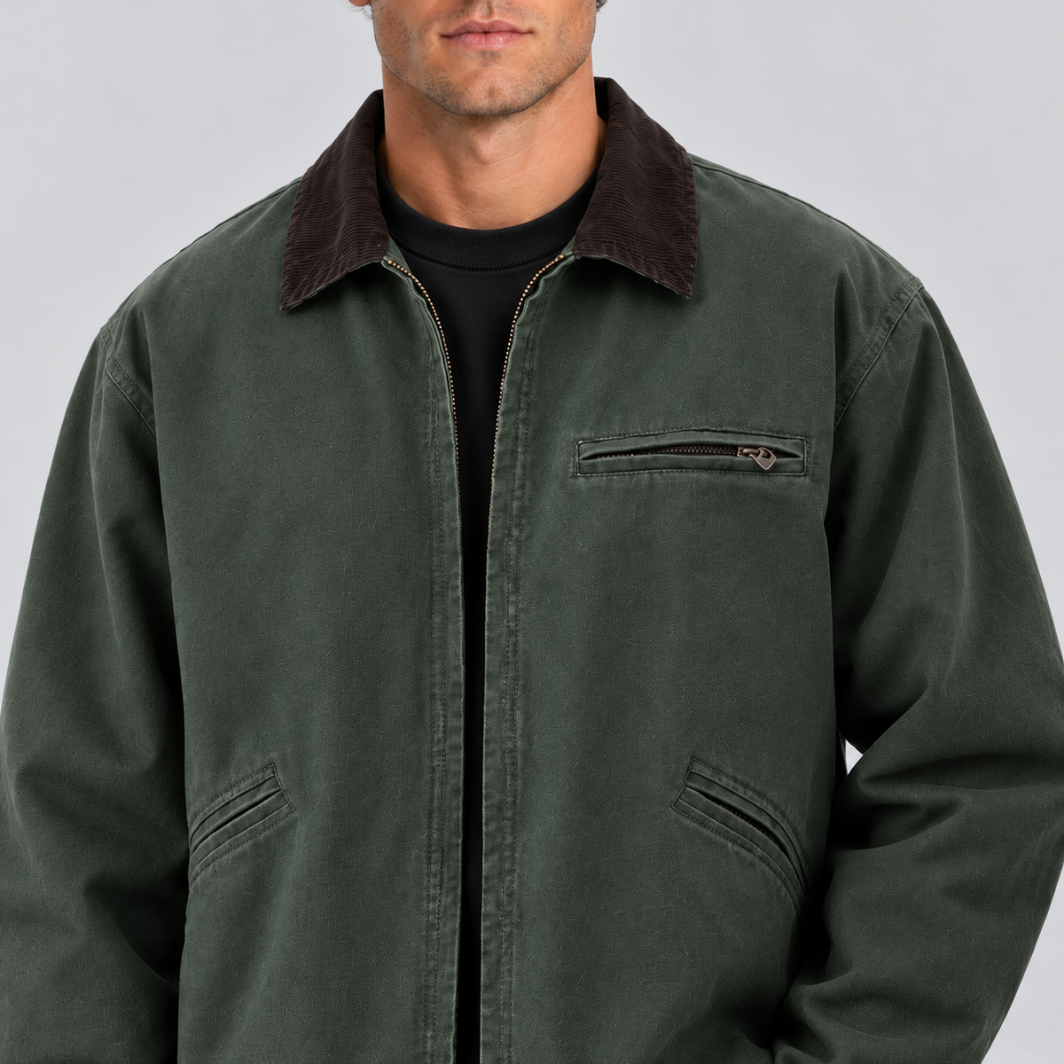 Barn Jacket Uomo Effetto Canvas Collo in Velluto a Coste Zip
