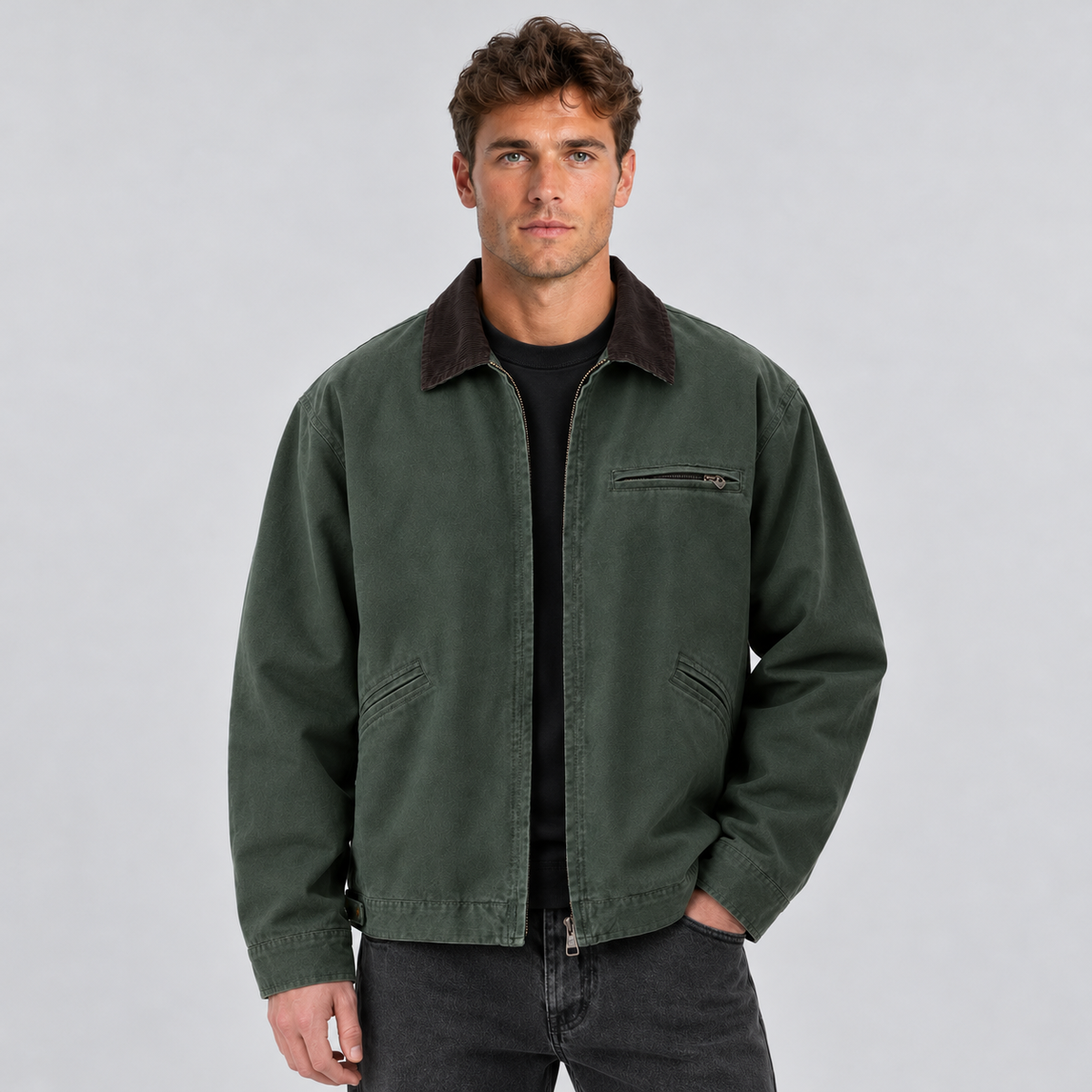 Barn Jacket Uomo Effetto Canvas Collo in Velluto a Coste Zip
