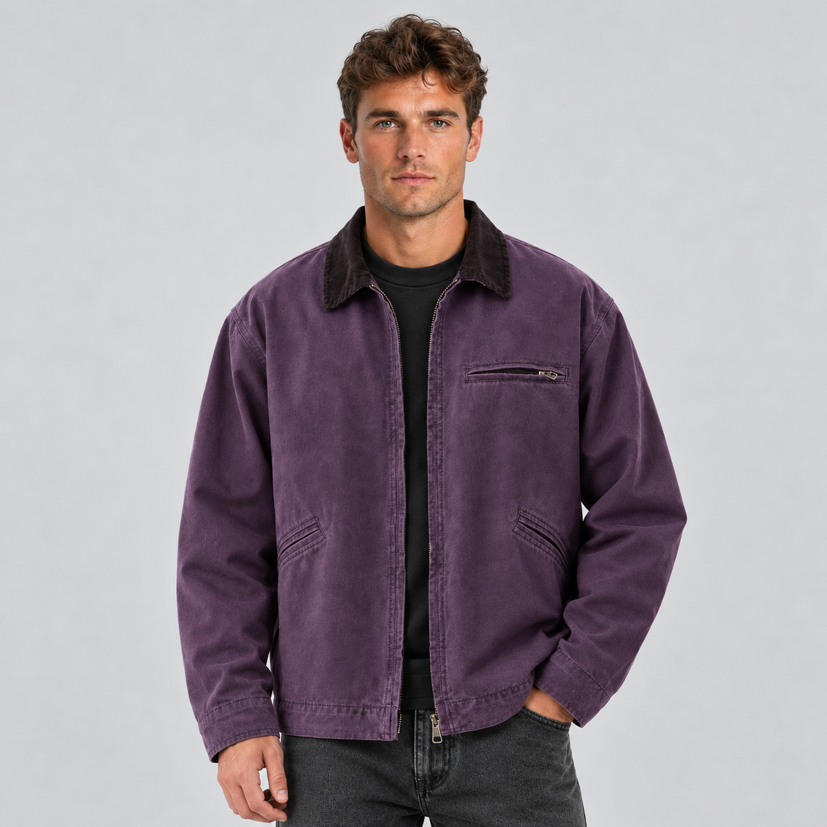 Barn Jacket Uomo Effetto Canvas Collo in Velluto a Coste Zip