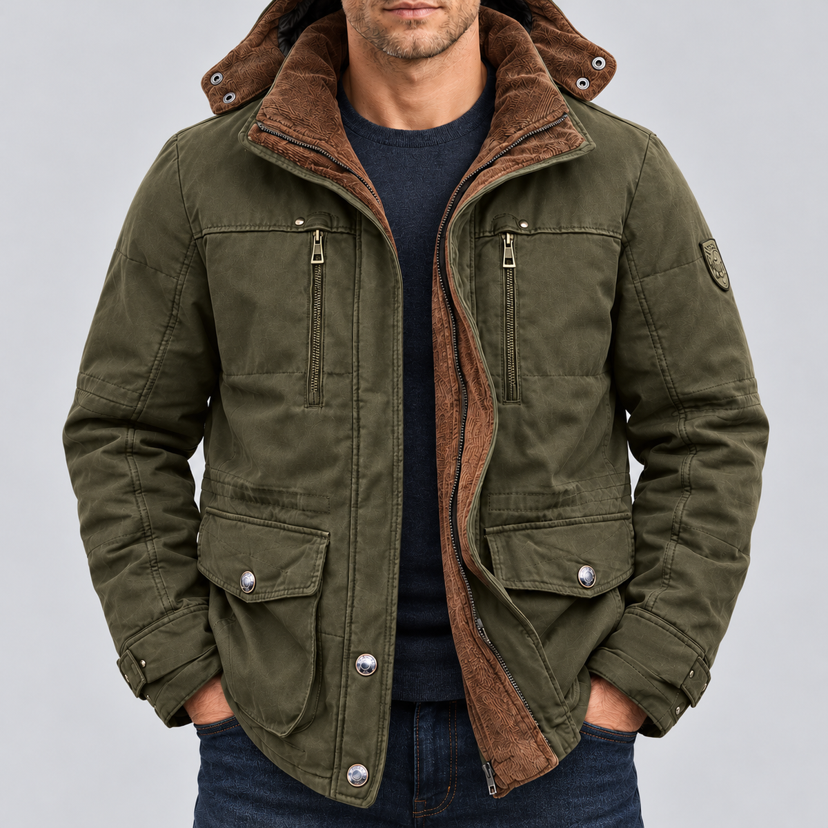 Giubbotto Uomo Impermeabile Foderato in Pile Cappuccio Staccabile