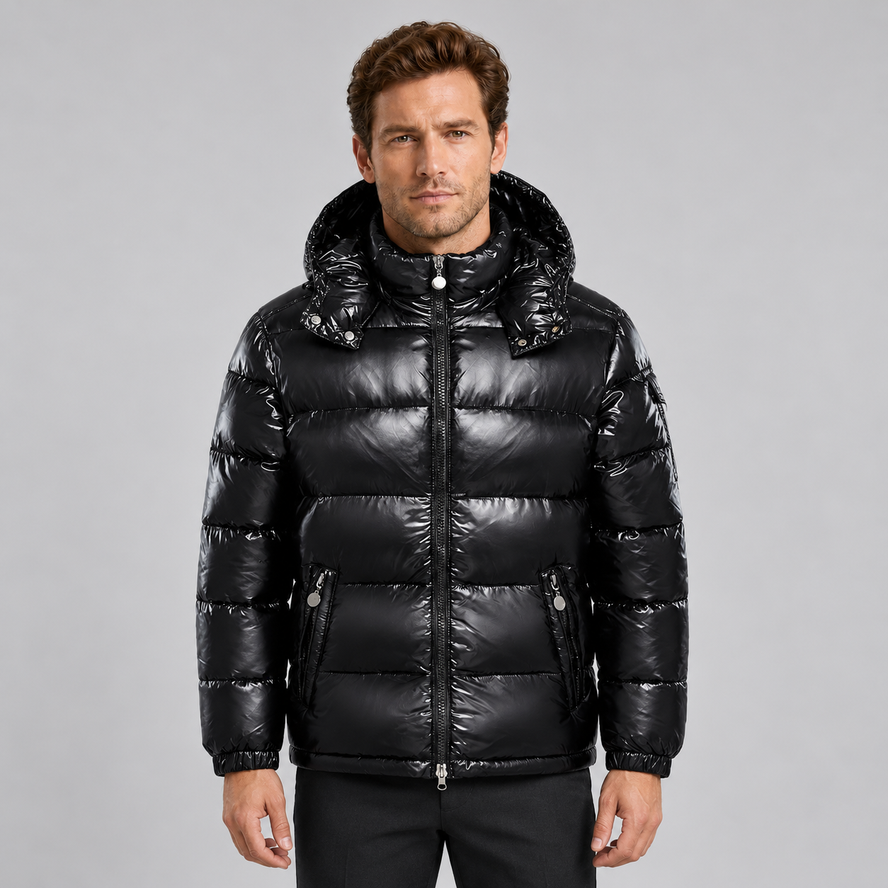 Giubbotto Uomo Imbottito Lucido con Cappuccio Zip Intera Invernale
