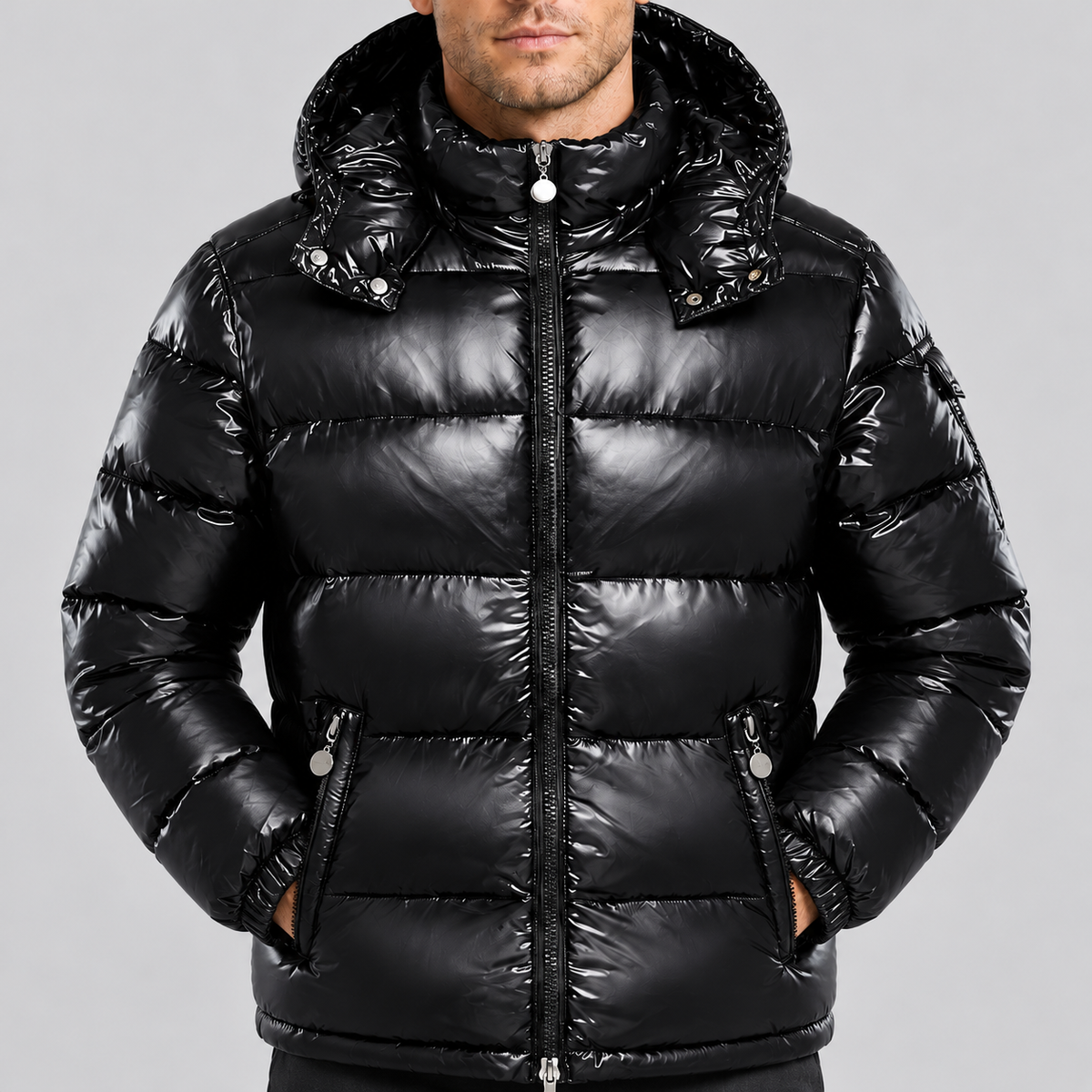 Giubbotto Uomo Imbottito Lucido con Cappuccio Zip Intera Invernale