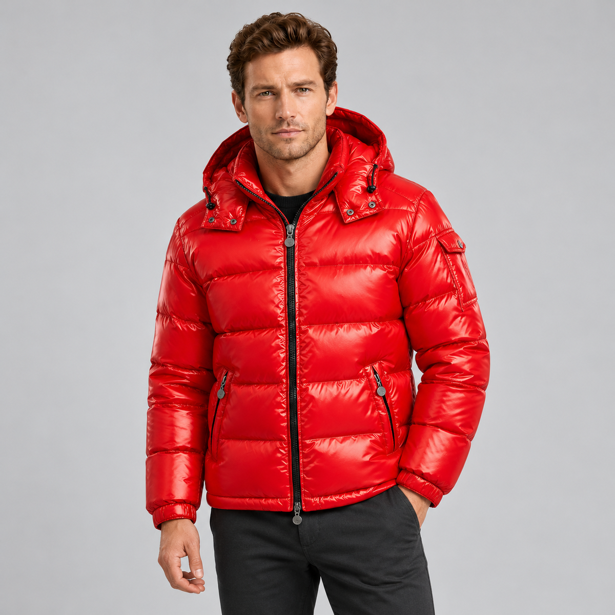 Giubbotto Uomo Imbottito Lucido con Cappuccio Zip Intera Invernale