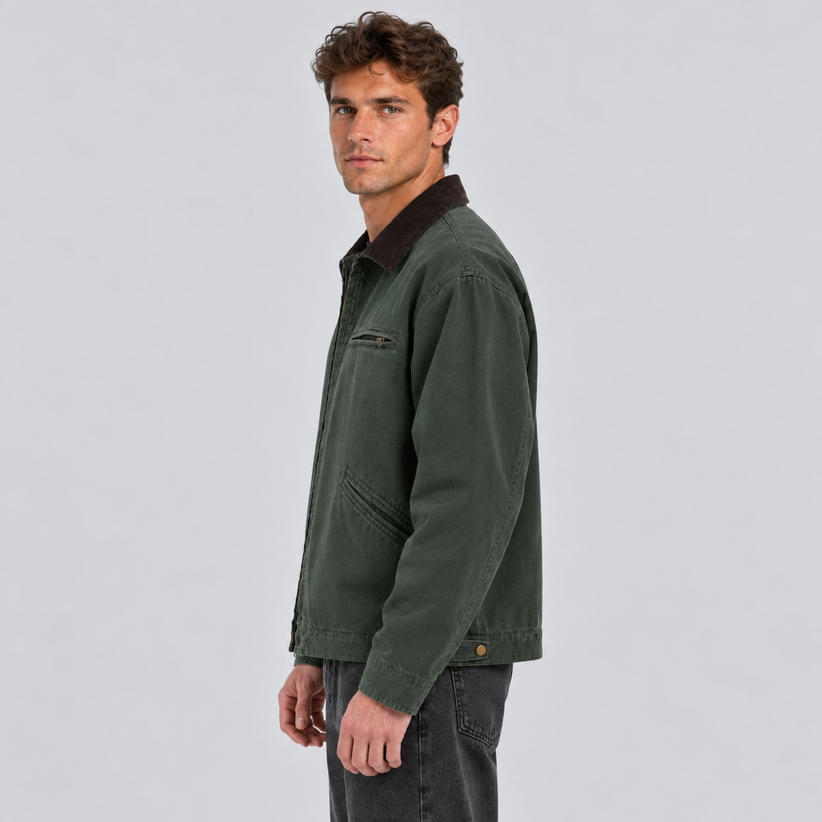 Barn Jacket Uomo Effetto Canvas Collo in Velluto a Coste Zip