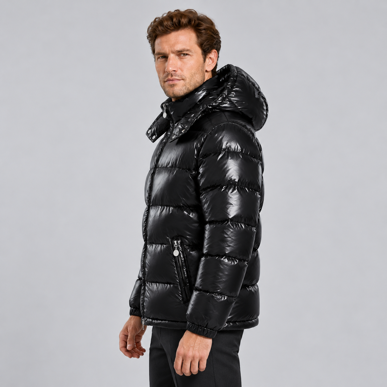 Giubbotto Uomo Imbottito Lucido con Cappuccio Zip Intera Invernale