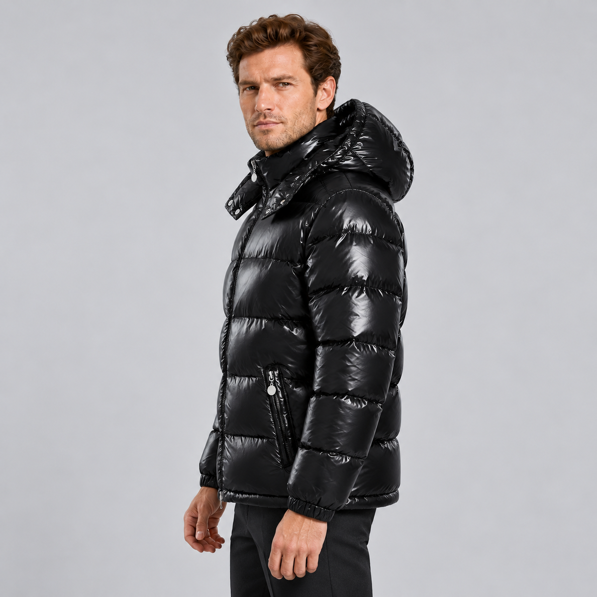 Giubbotto Uomo Imbottito Lucido con Cappuccio Zip Intera Invernale