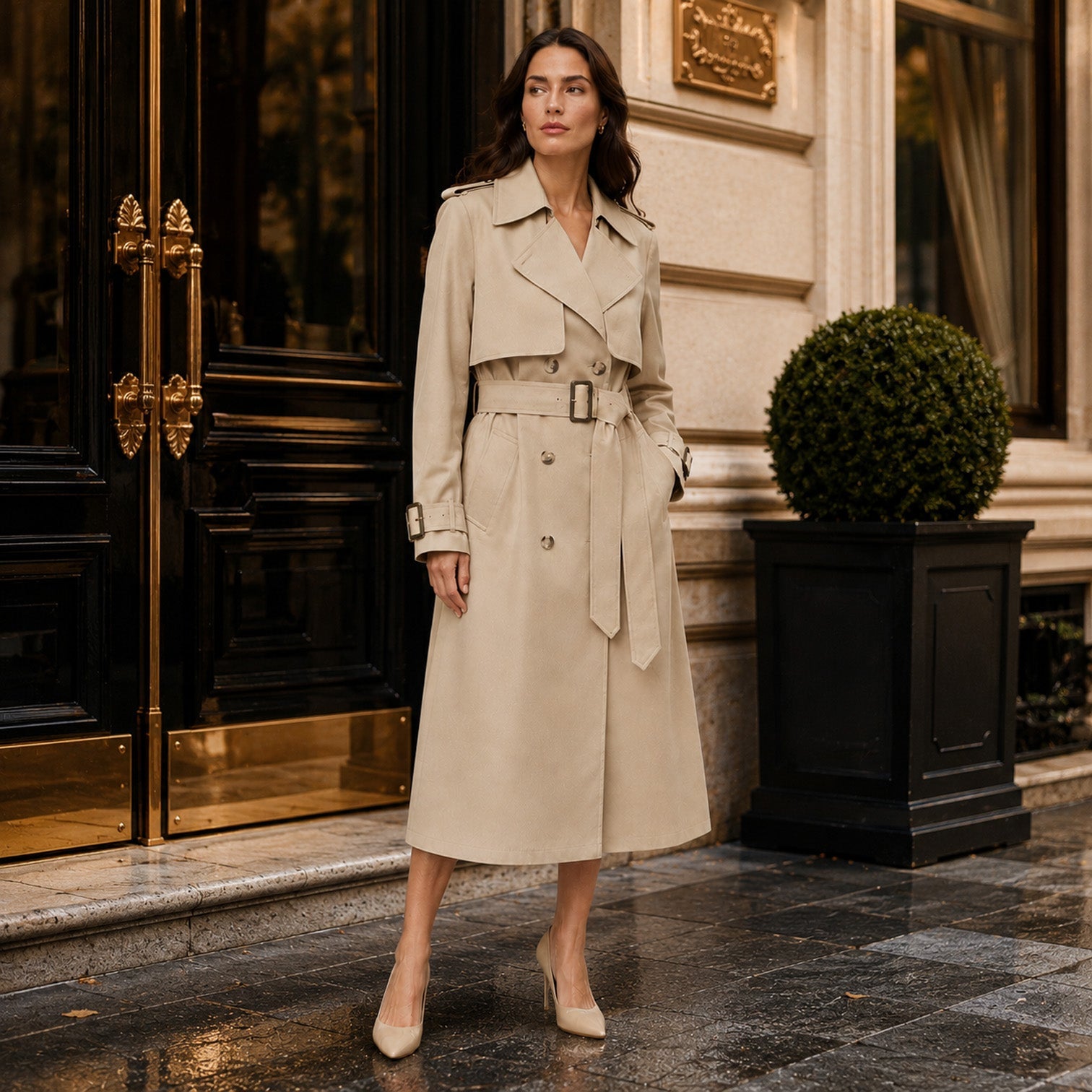 Trench Donna Lungo Doppiopetto con Cintura Business