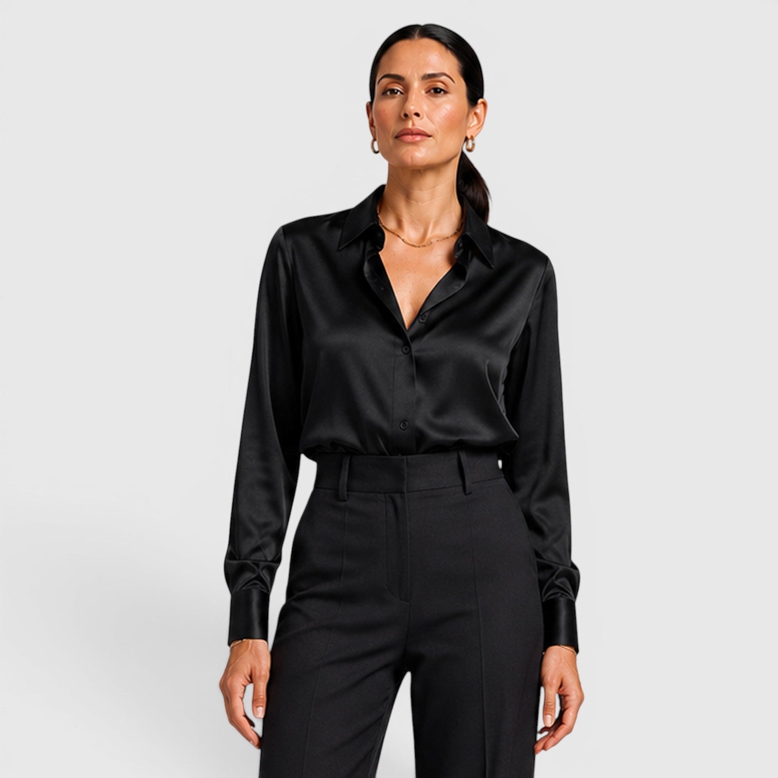 Blusa Donna in Raso con Colletto e Bottoni Elegante