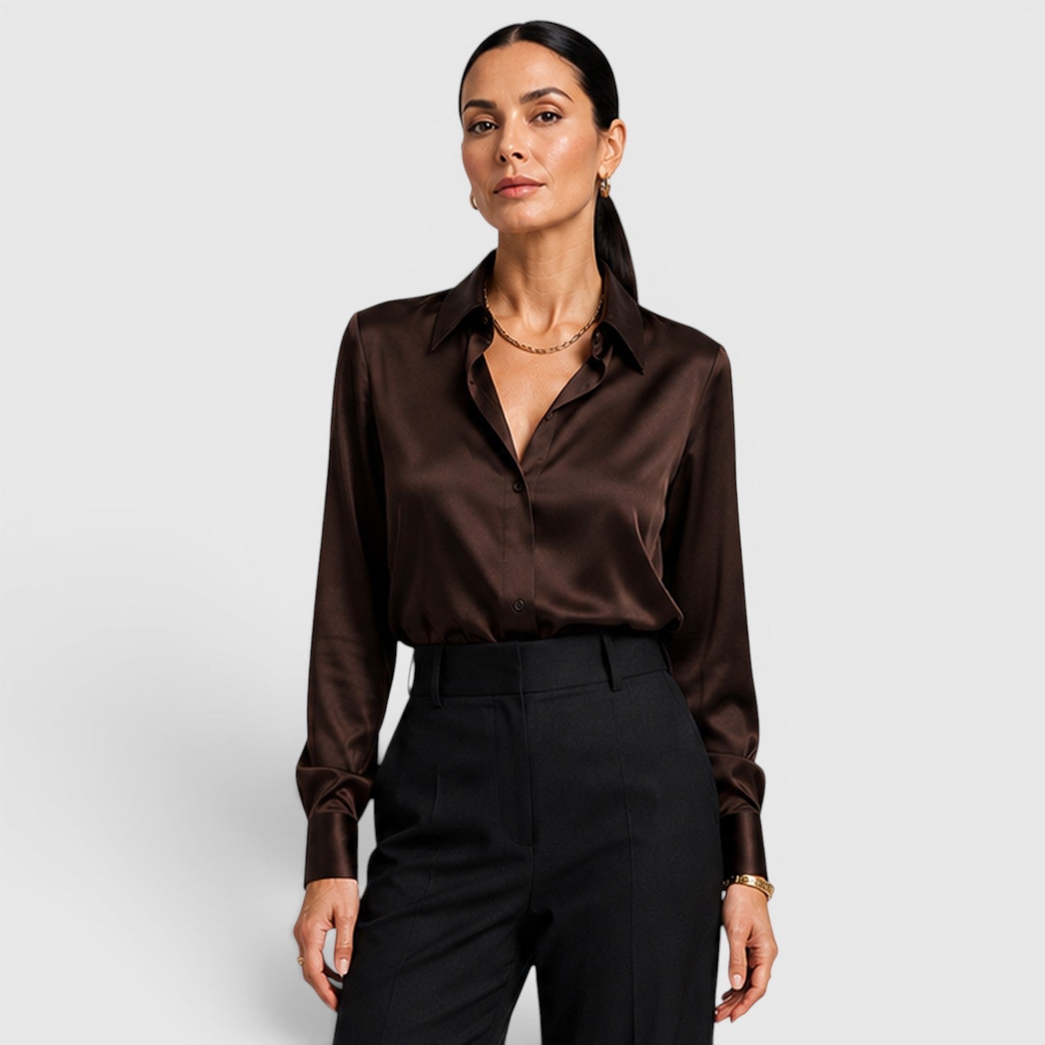 Blusa Donna in Raso con Colletto e Bottoni Elegante