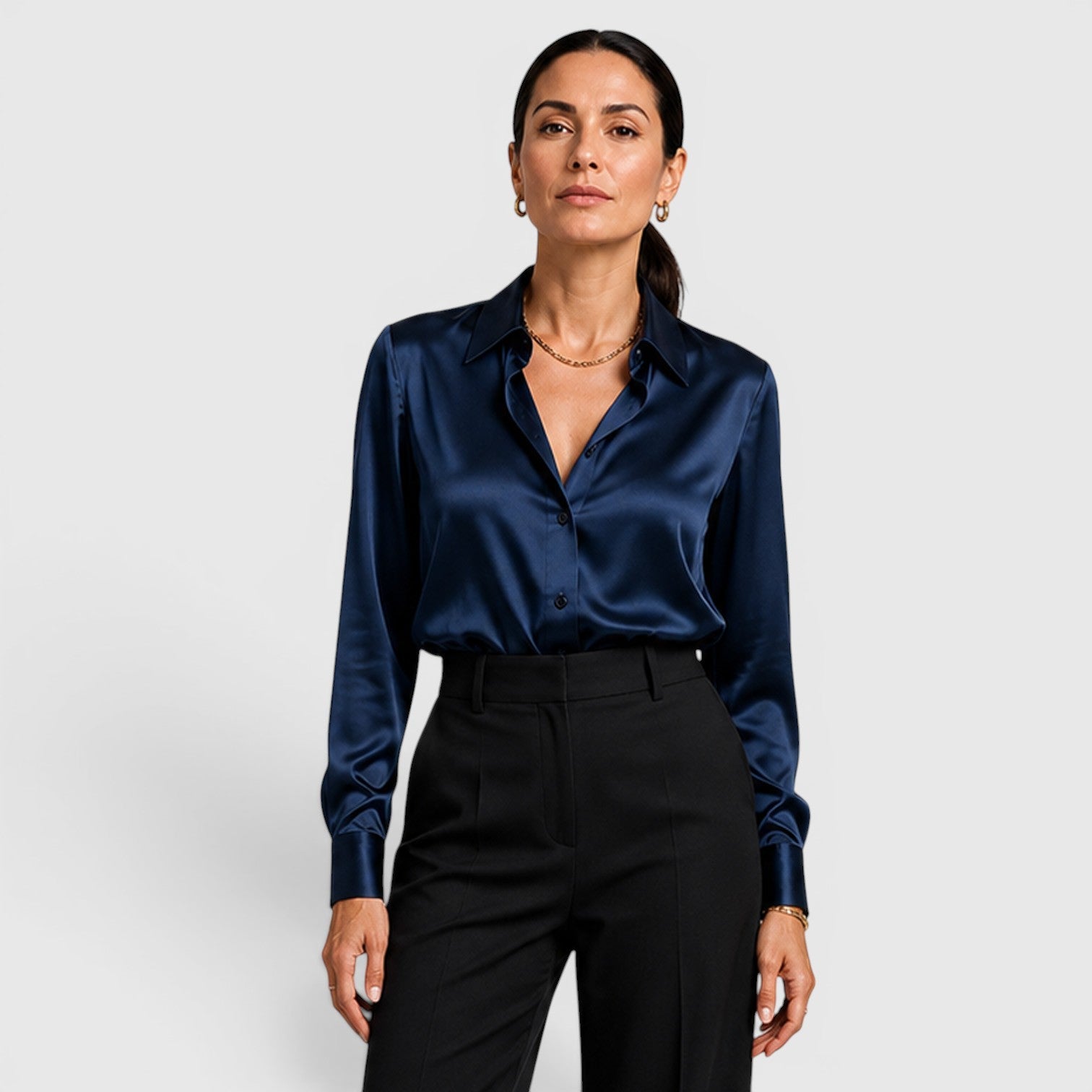 Blusa Donna in Raso con Colletto e Bottoni Elegante