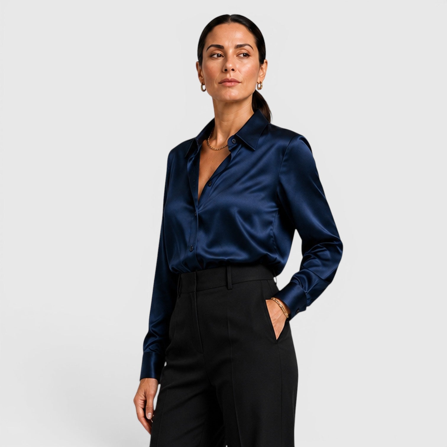 Blusa Donna in Raso con Colletto e Bottoni Elegante