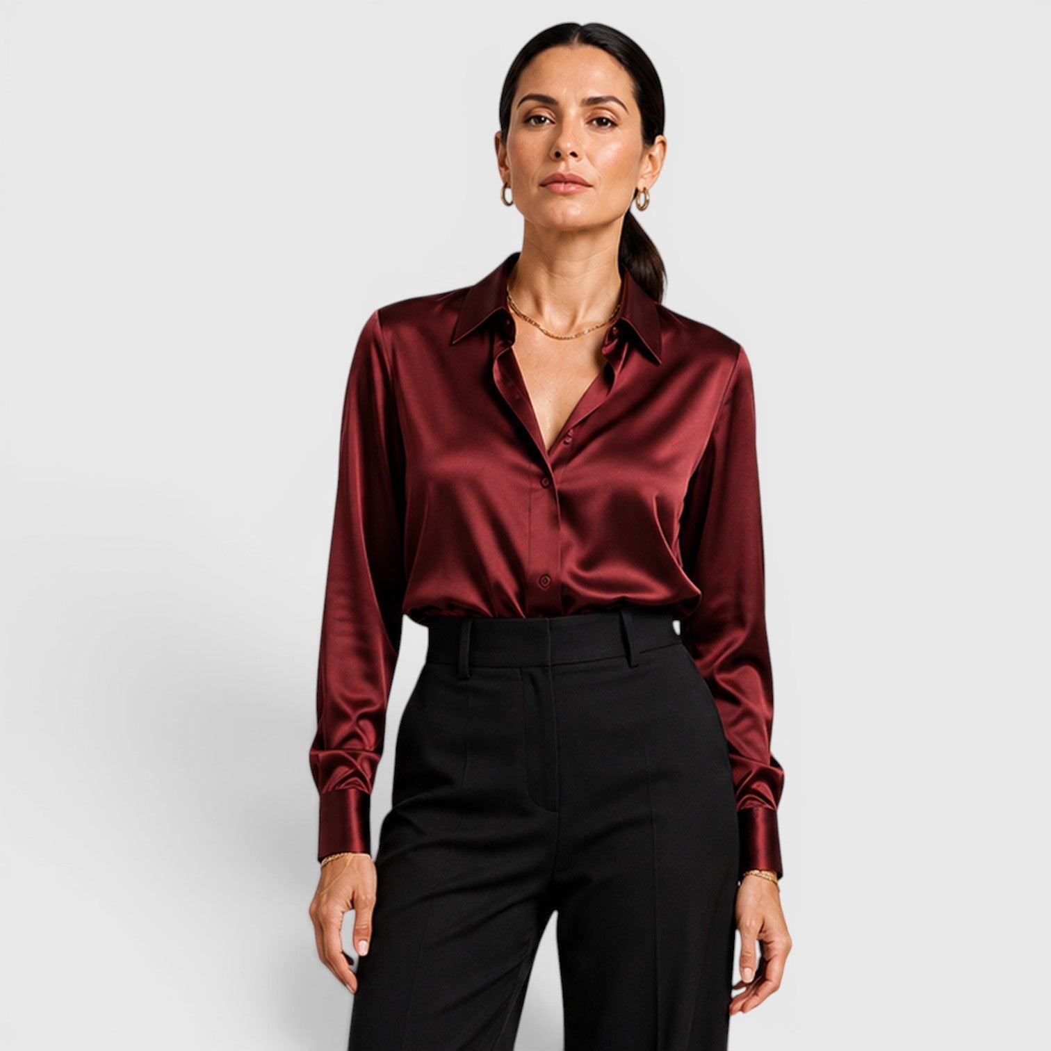 Blusa Donna in Raso con Colletto e Bottoni Elegante