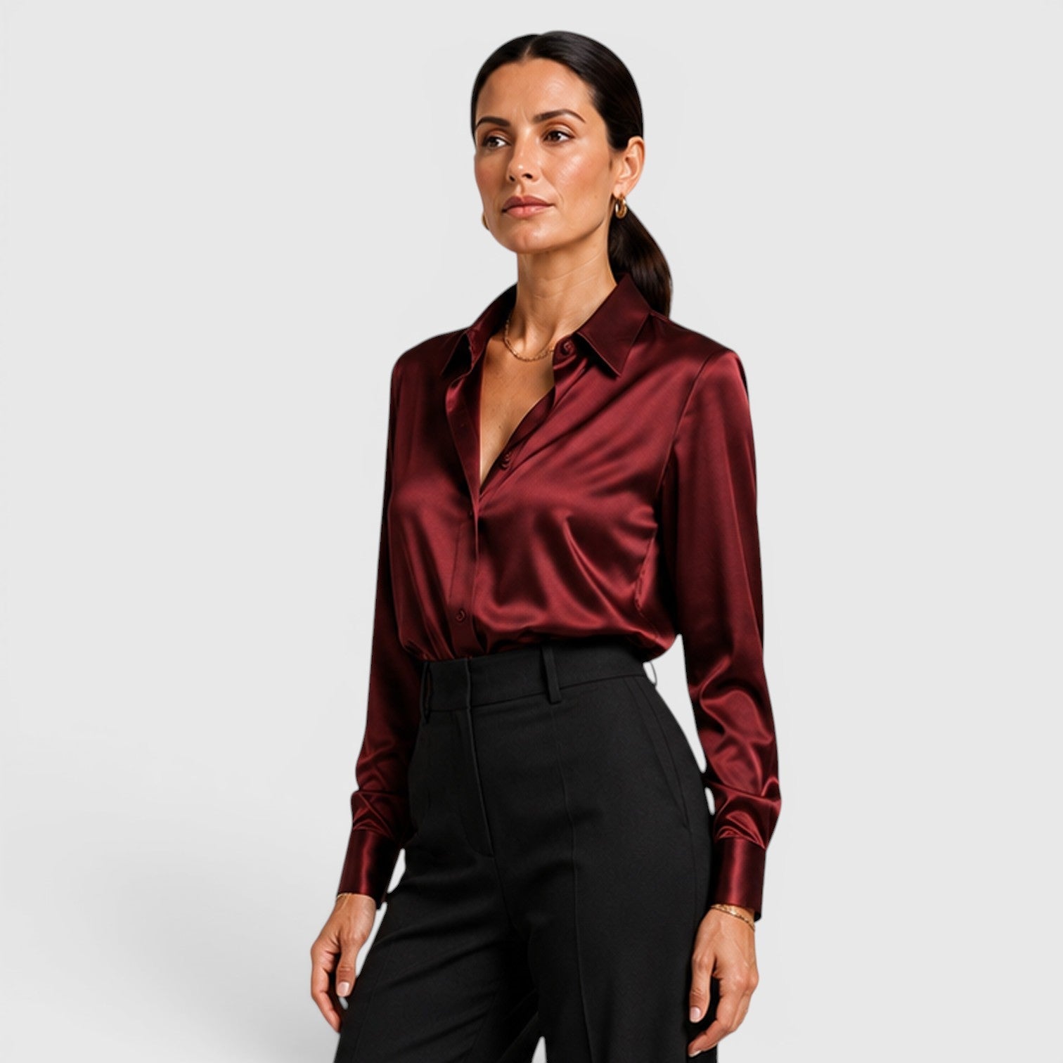 Blusa Donna in Raso con Colletto e Bottoni Elegante