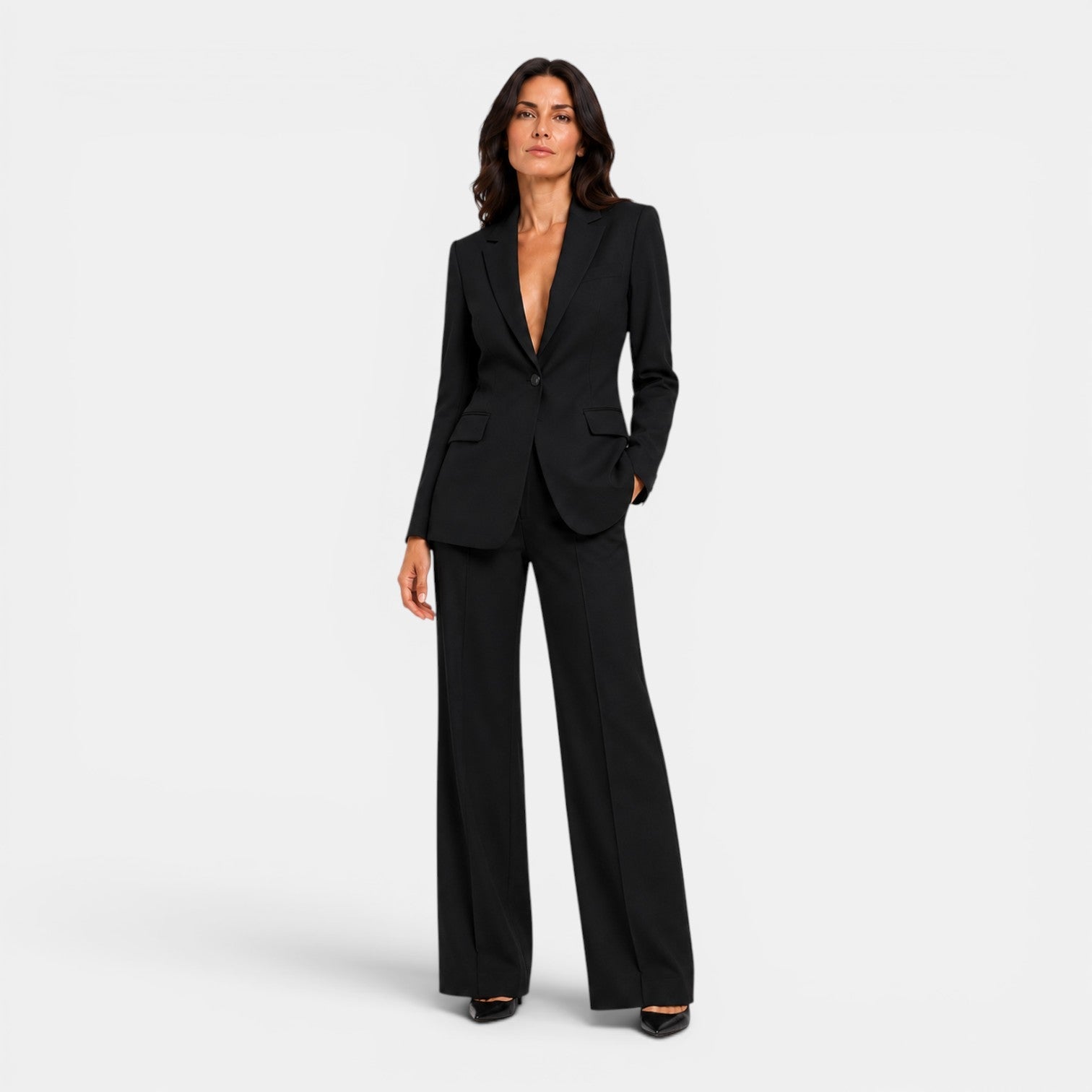 Tailleur Donna Blazer con Revers e Pantaloni Larghi Ufficio