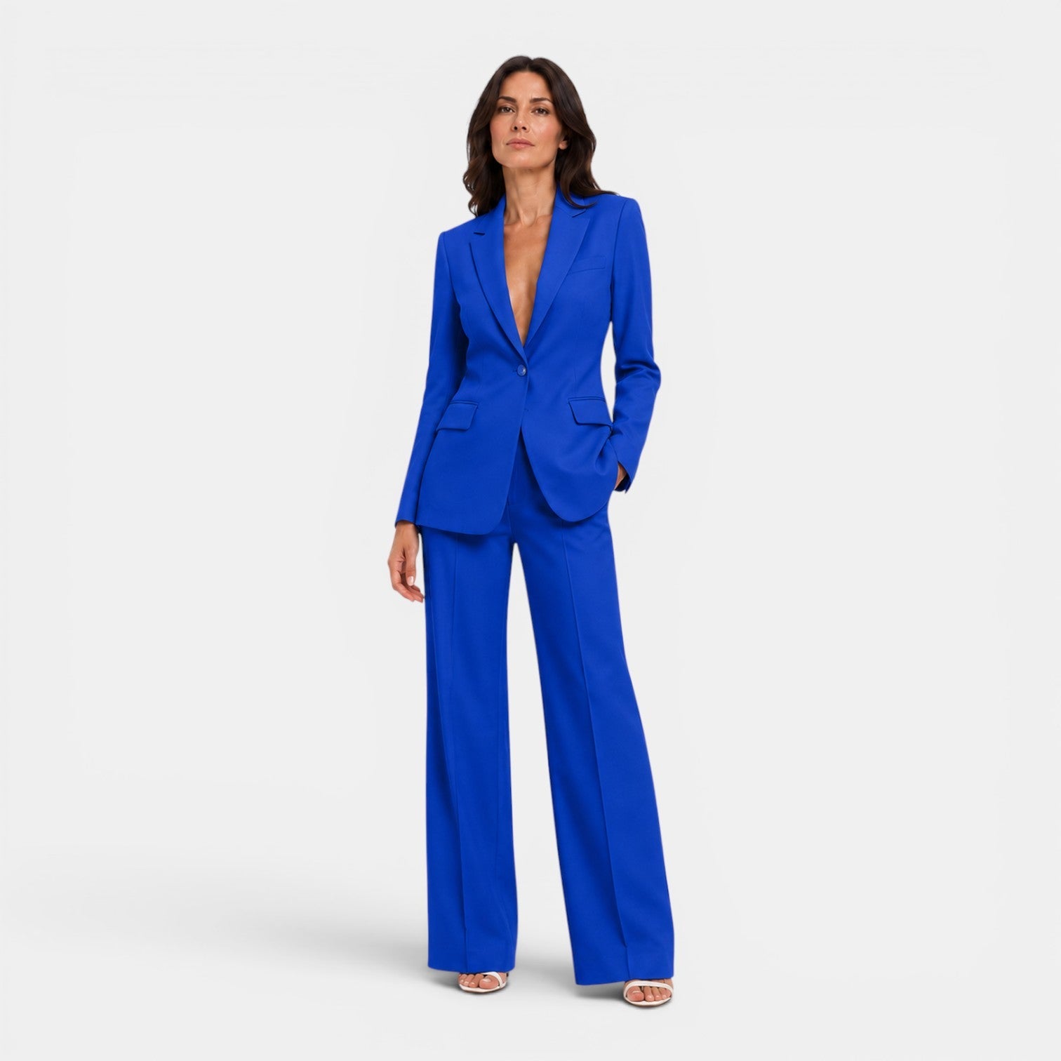 Tailleur Donna Blazer con Revers e Pantaloni Larghi Ufficio