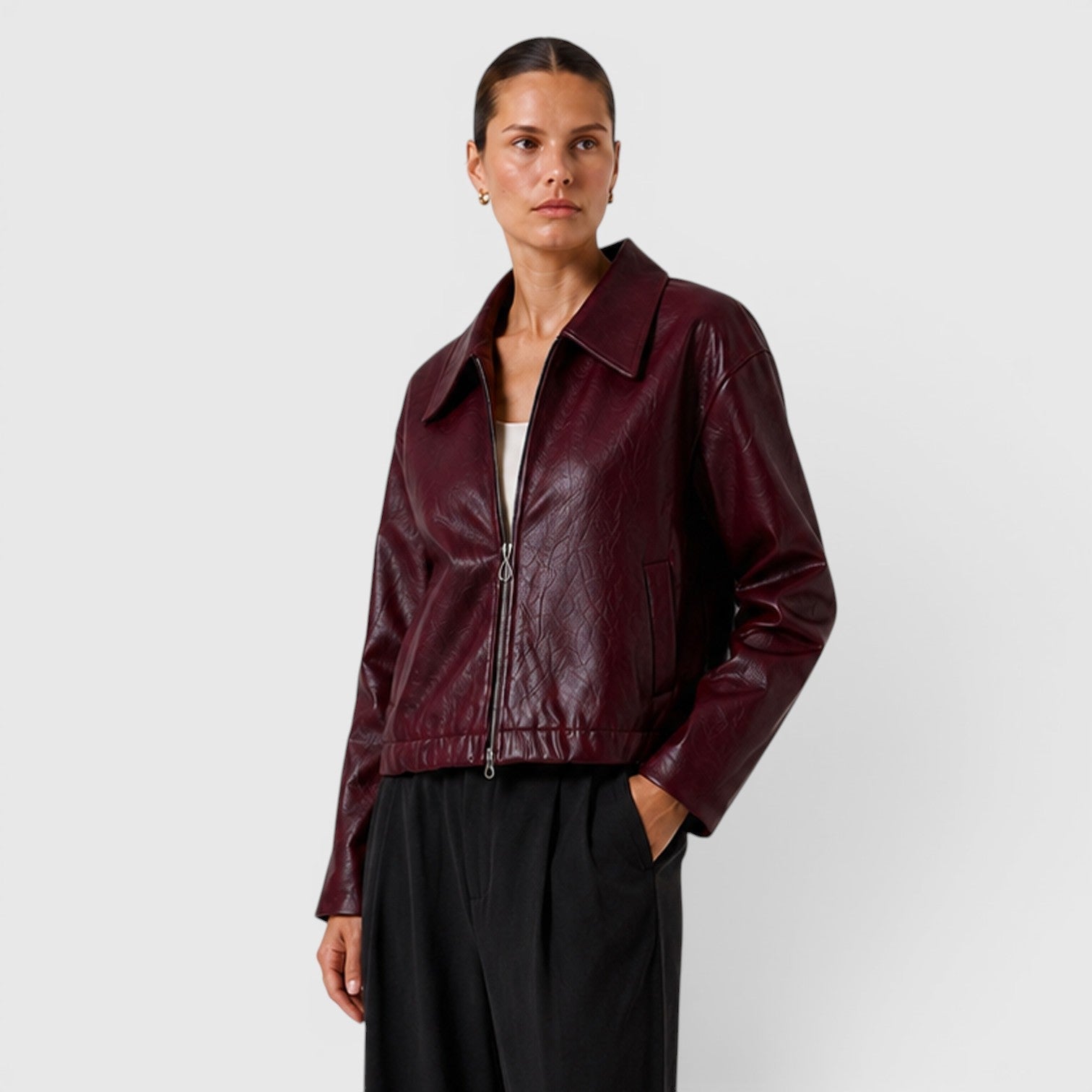 Giacca Donna Effetto Pelle con Zip e Tasche