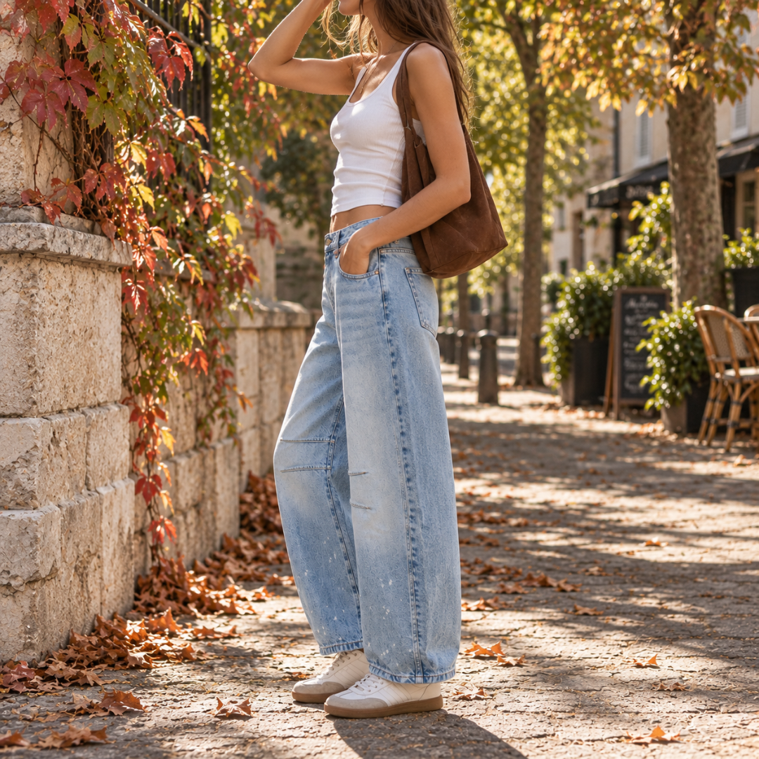 Pantaloni Donna Barrel Effetto Denim Chiaro Cinque Tasche