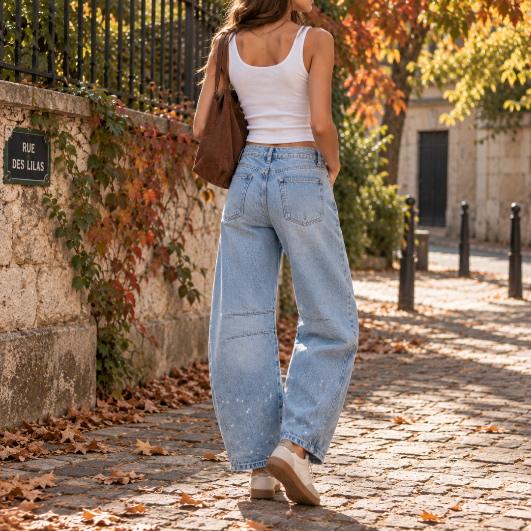 Pantaloni Donna Barrel Effetto Denim Chiaro Cinque Tasche