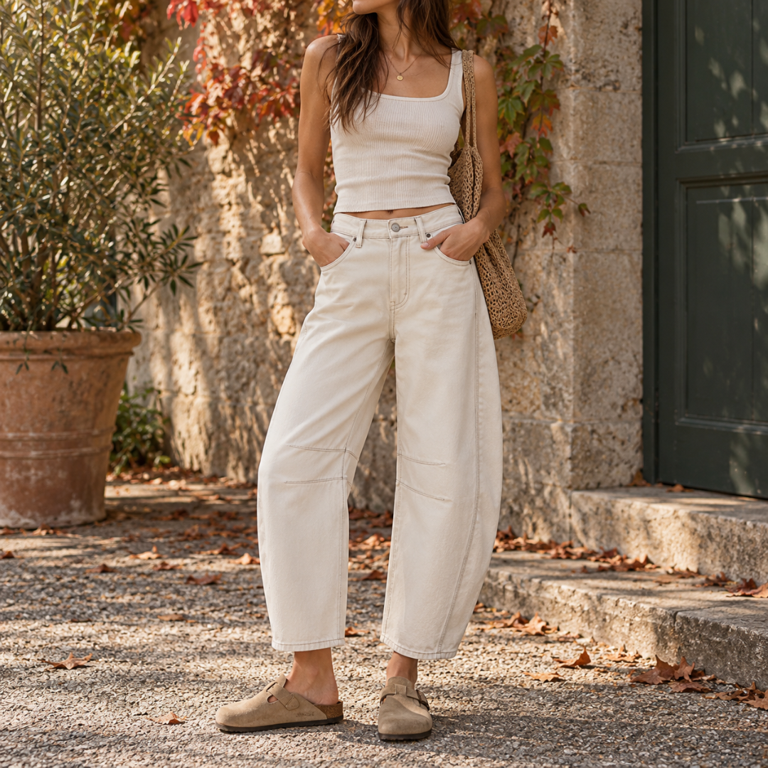 Pantaloni Donna Barrel Effetto Denim Chiaro Cinque Tasche