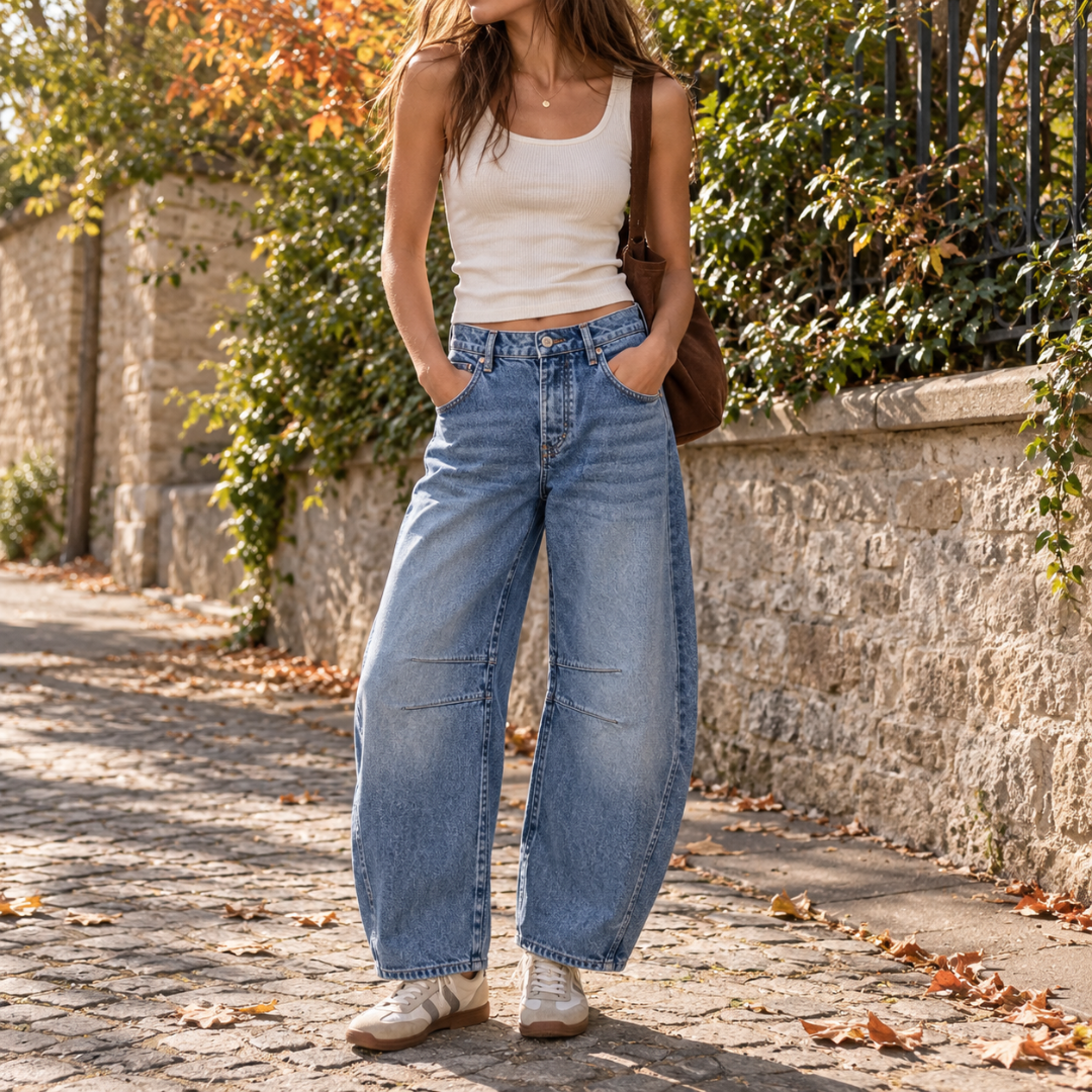 Pantaloni Donna Barrel Effetto Denim Chiaro Cinque Tasche