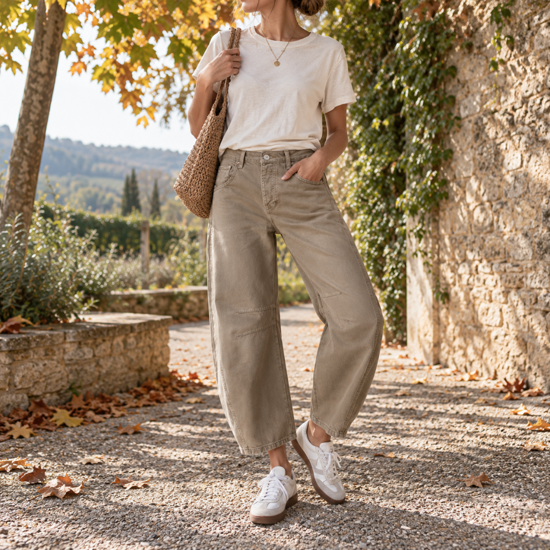 Pantaloni Donna Barrel Effetto Denim Chiaro Cinque Tasche