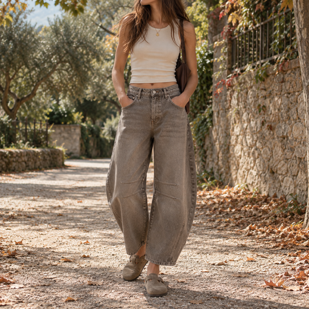 Pantaloni Donna Barrel Effetto Denim Chiaro Cinque Tasche