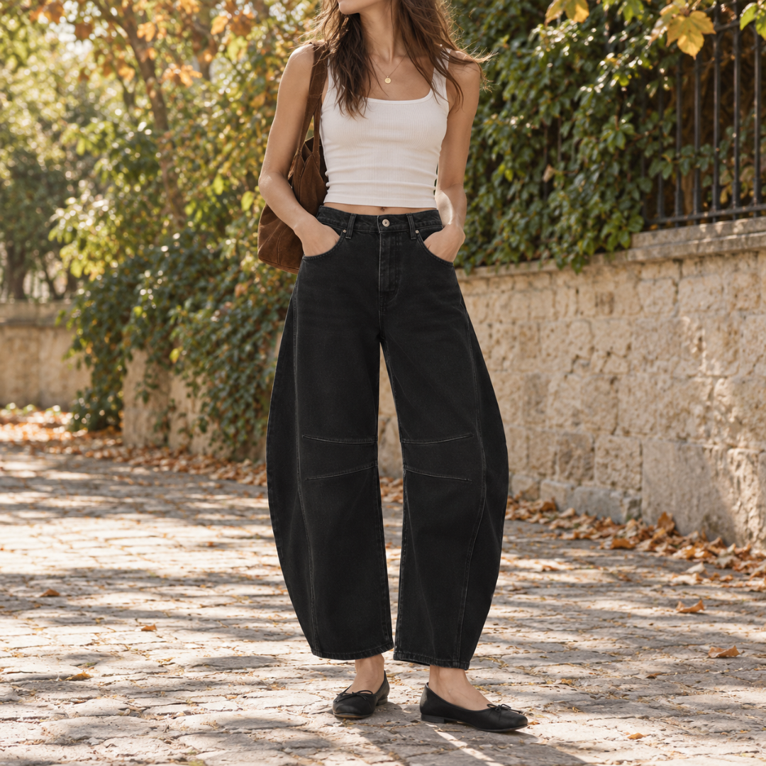 Pantaloni Donna Barrel Effetto Denim Chiaro Cinque Tasche