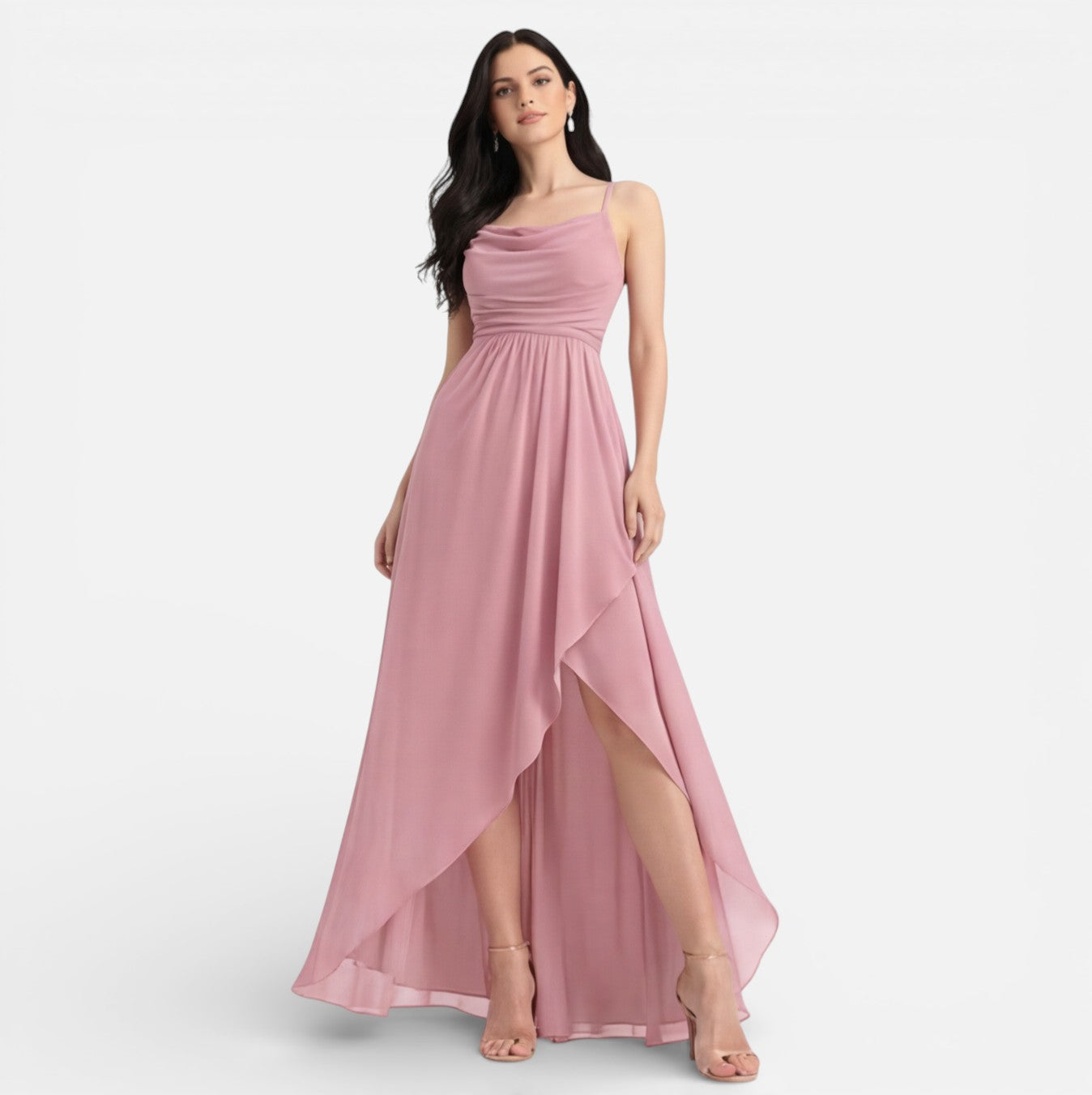 Abito Cerimonia Donna Rosa Chiffon Damigella Elegante