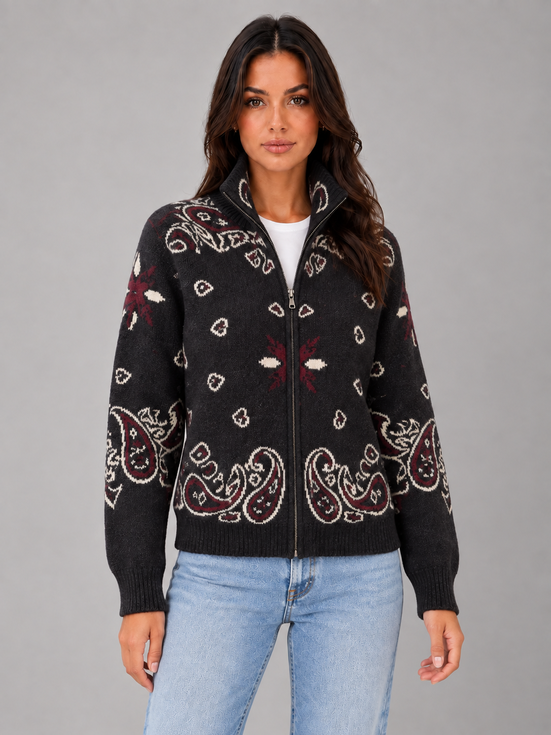 Cardigan Donna con Zip Collo Alto Stampa Bandana in Maglia Jacquard