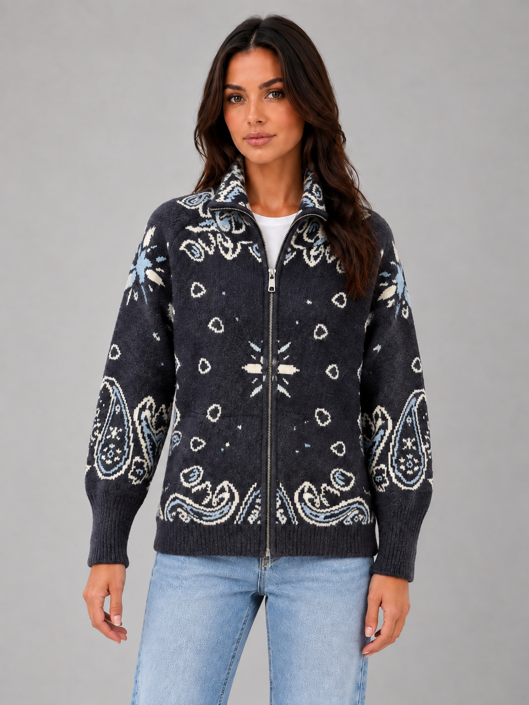 Cardigan Donna con Zip Collo Alto Stampa Bandana in Maglia Jacquard