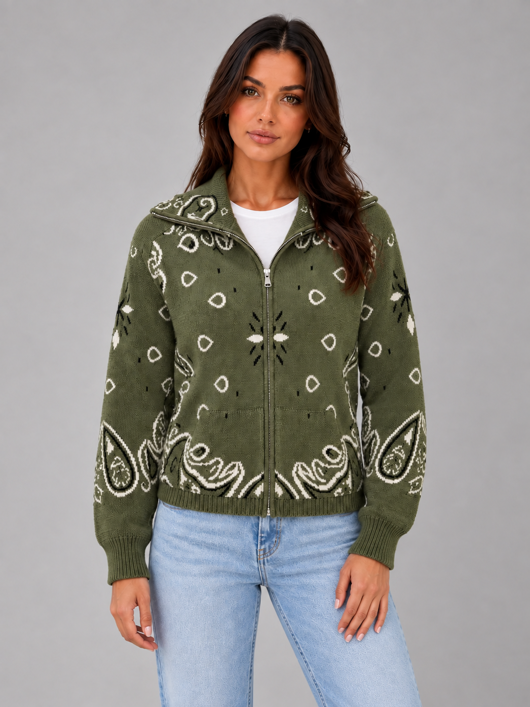 Cardigan Donna con Zip Collo Alto Stampa Bandana in Maglia Jacquard