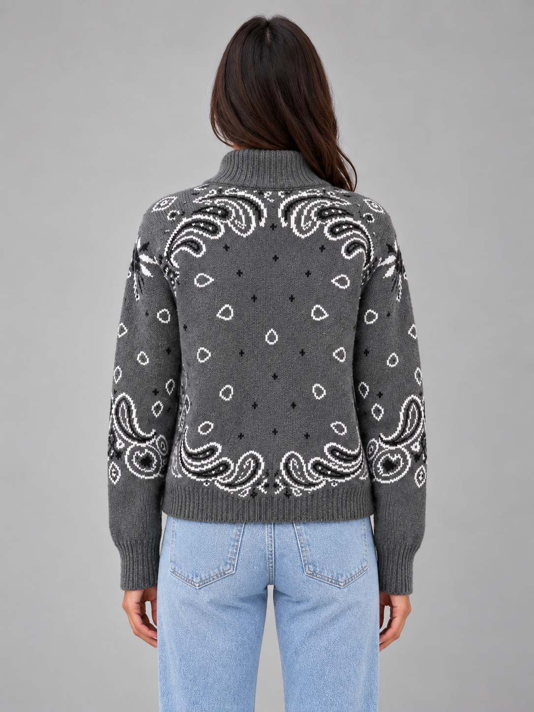 Cardigan Donna con Zip Collo Alto Stampa Bandana in Maglia Jacquard