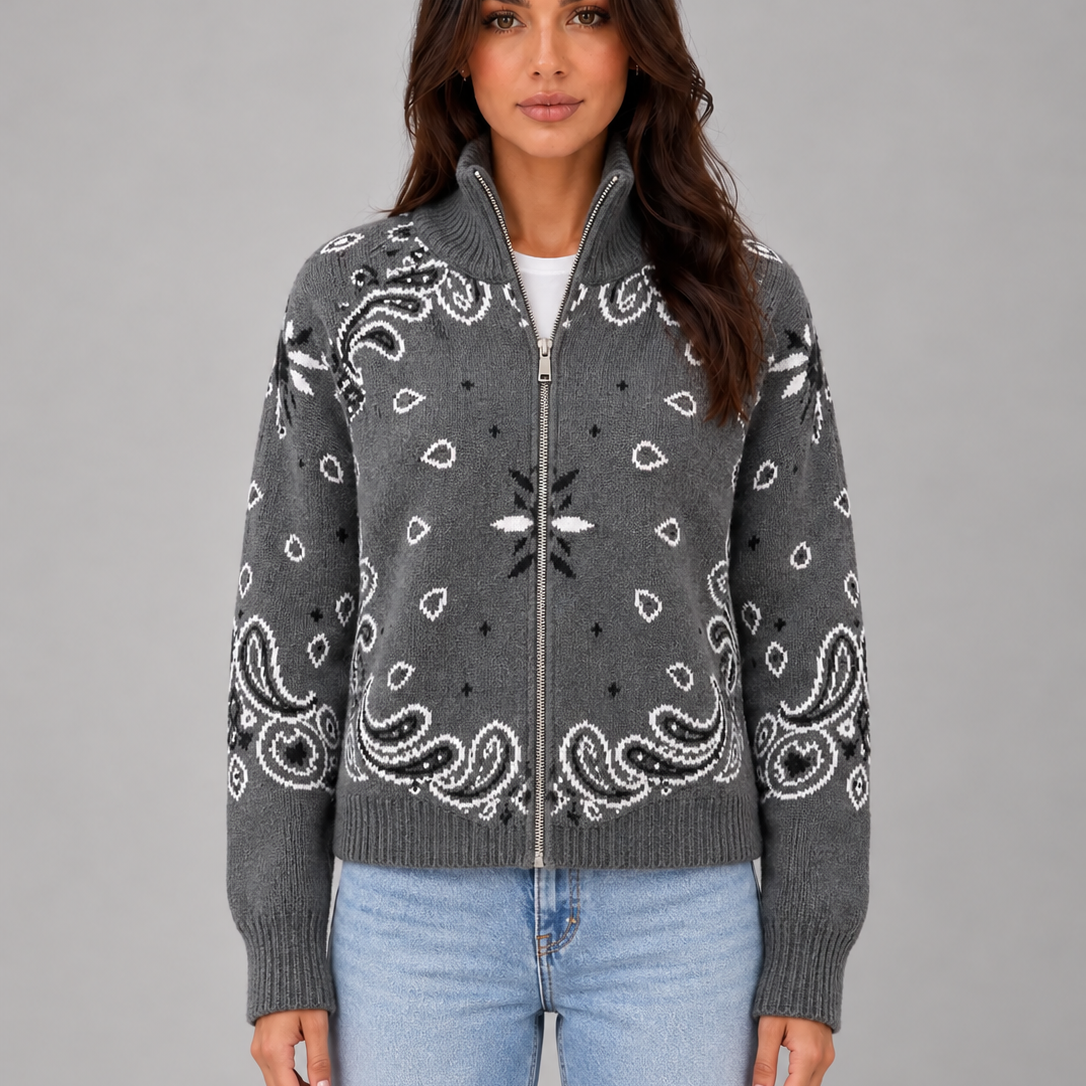 Cardigan Donna con Zip Collo Alto Stampa Bandana in Maglia Jacquard