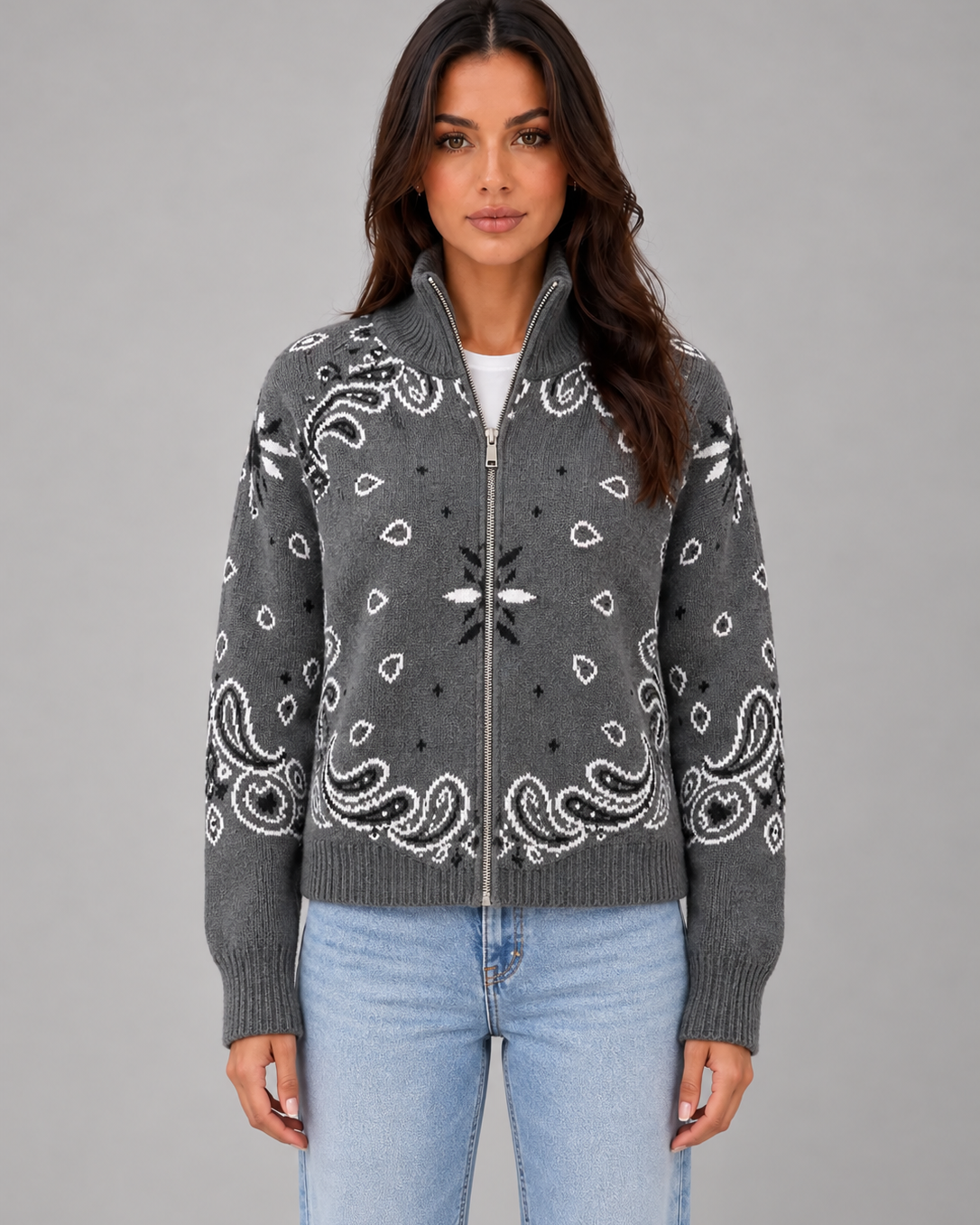 Cardigan Donna con Zip Collo Alto Stampa Bandana in Maglia Jacquard