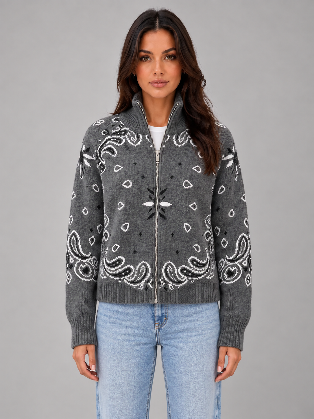 Cardigan Donna con Zip Collo Alto Stampa Bandana in Maglia Jacquard