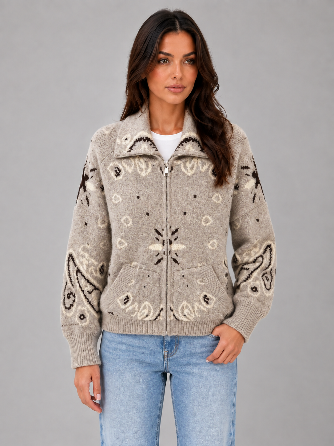 Cardigan Donna con Zip Collo Alto Stampa Bandana in Maglia Jacquard