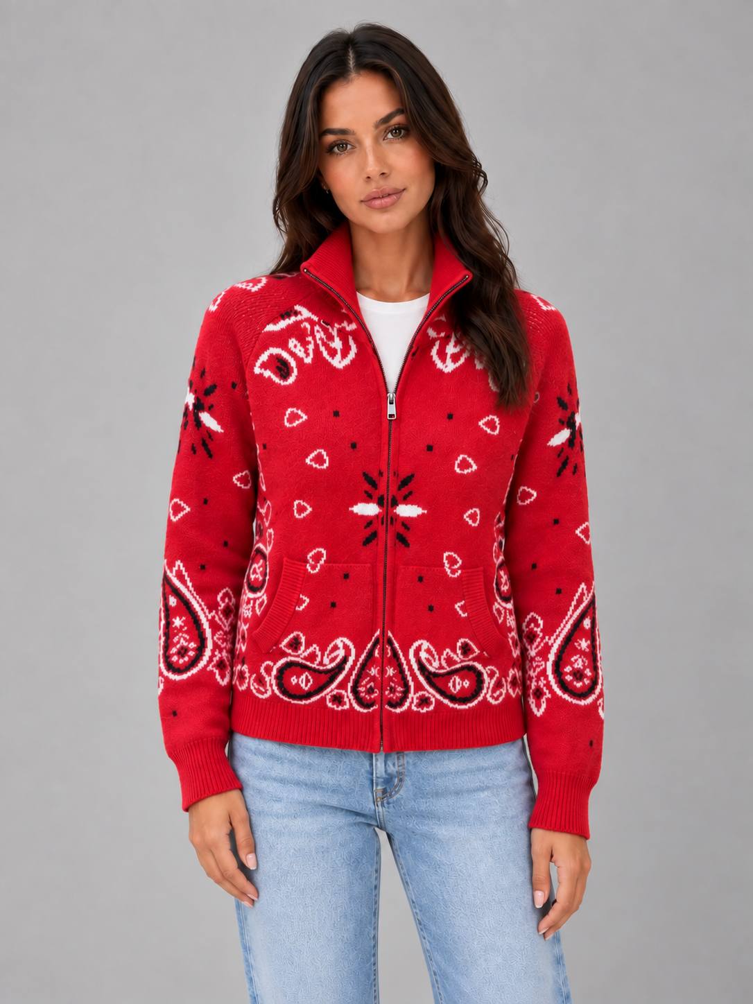 Cardigan Donna con Zip Collo Alto Stampa Bandana in Maglia Jacquard