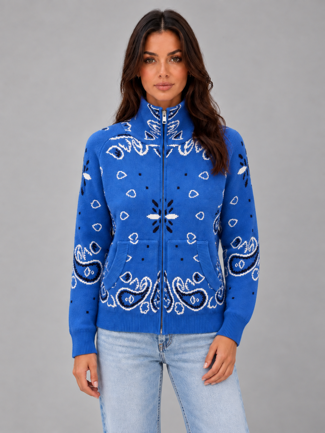 Cardigan Donna con Zip Collo Alto Stampa Bandana in Maglia Jacquard