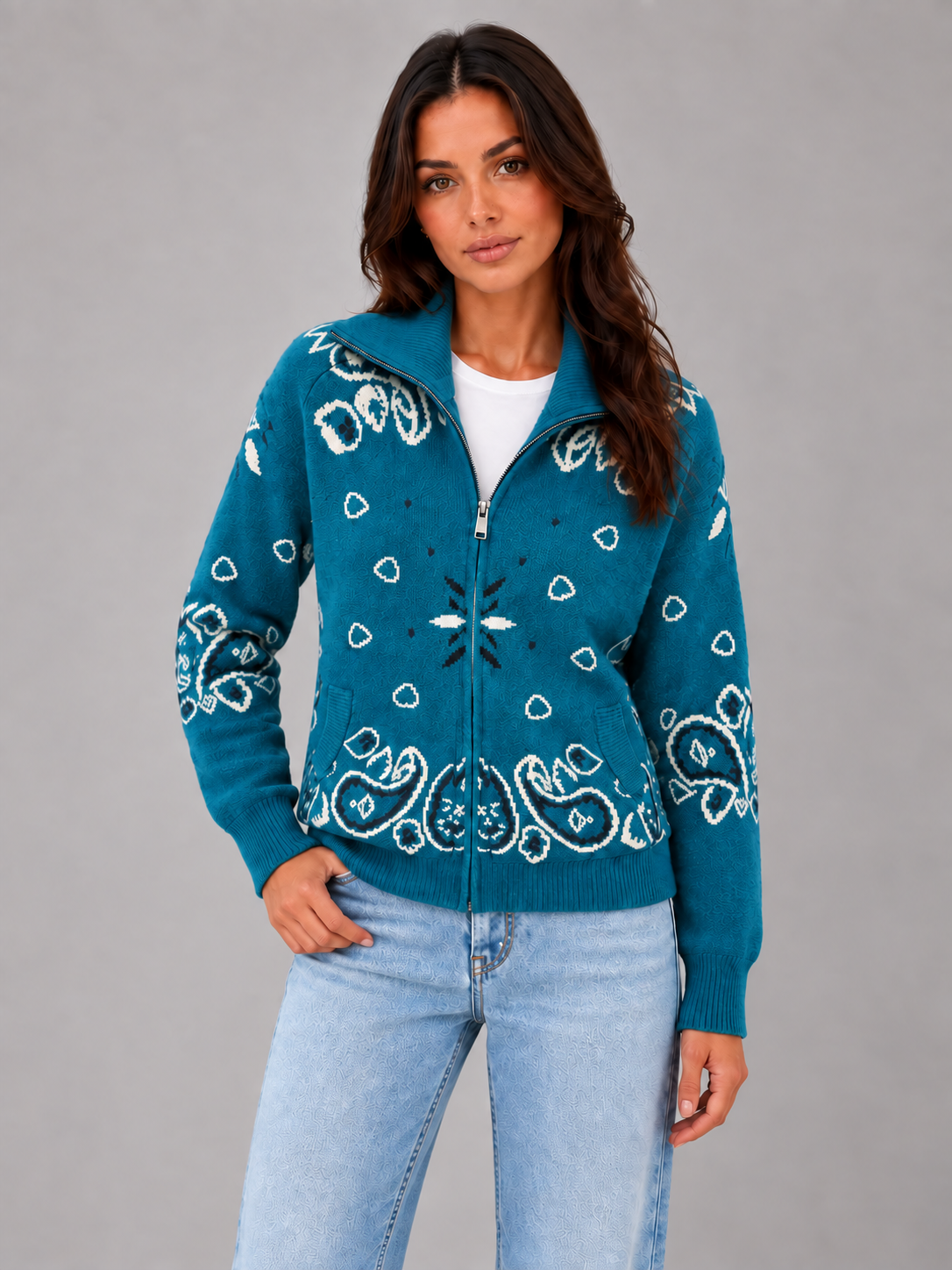 Cardigan Donna con Zip Collo Alto Stampa Bandana in Maglia Jacquard