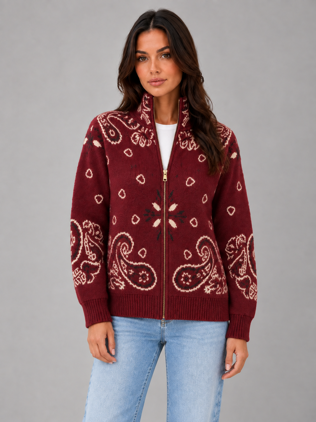 Cardigan Donna con Zip Collo Alto Stampa Bandana in Maglia Jacquard
