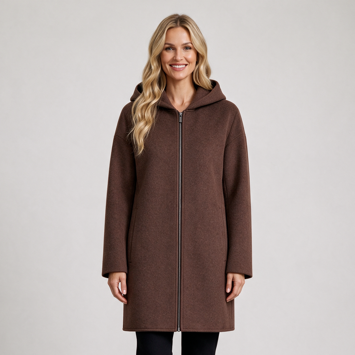 Cappotto Donna in Pura Lana con Cappuccio Zip Intera Lungo