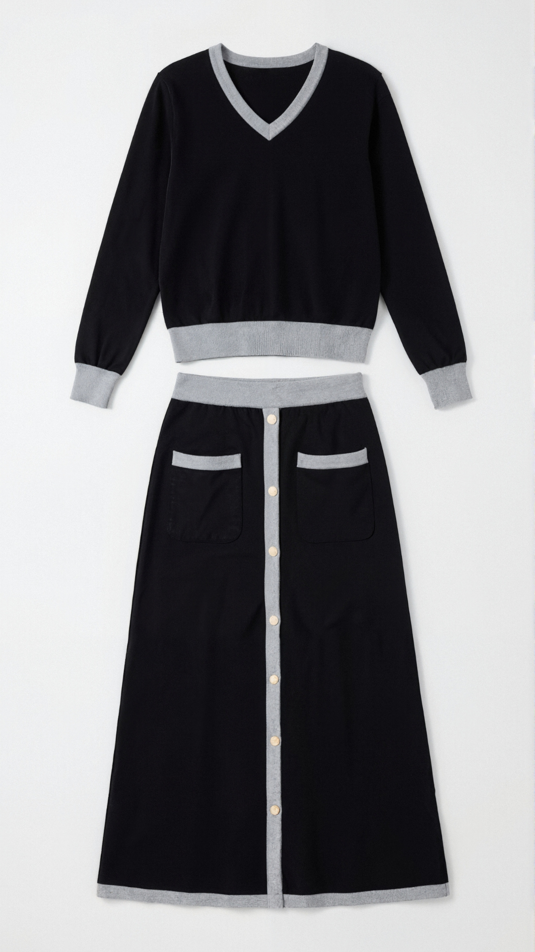Set Donna Maglia Scollo a V e Gonna Midi Vintage Coordinato