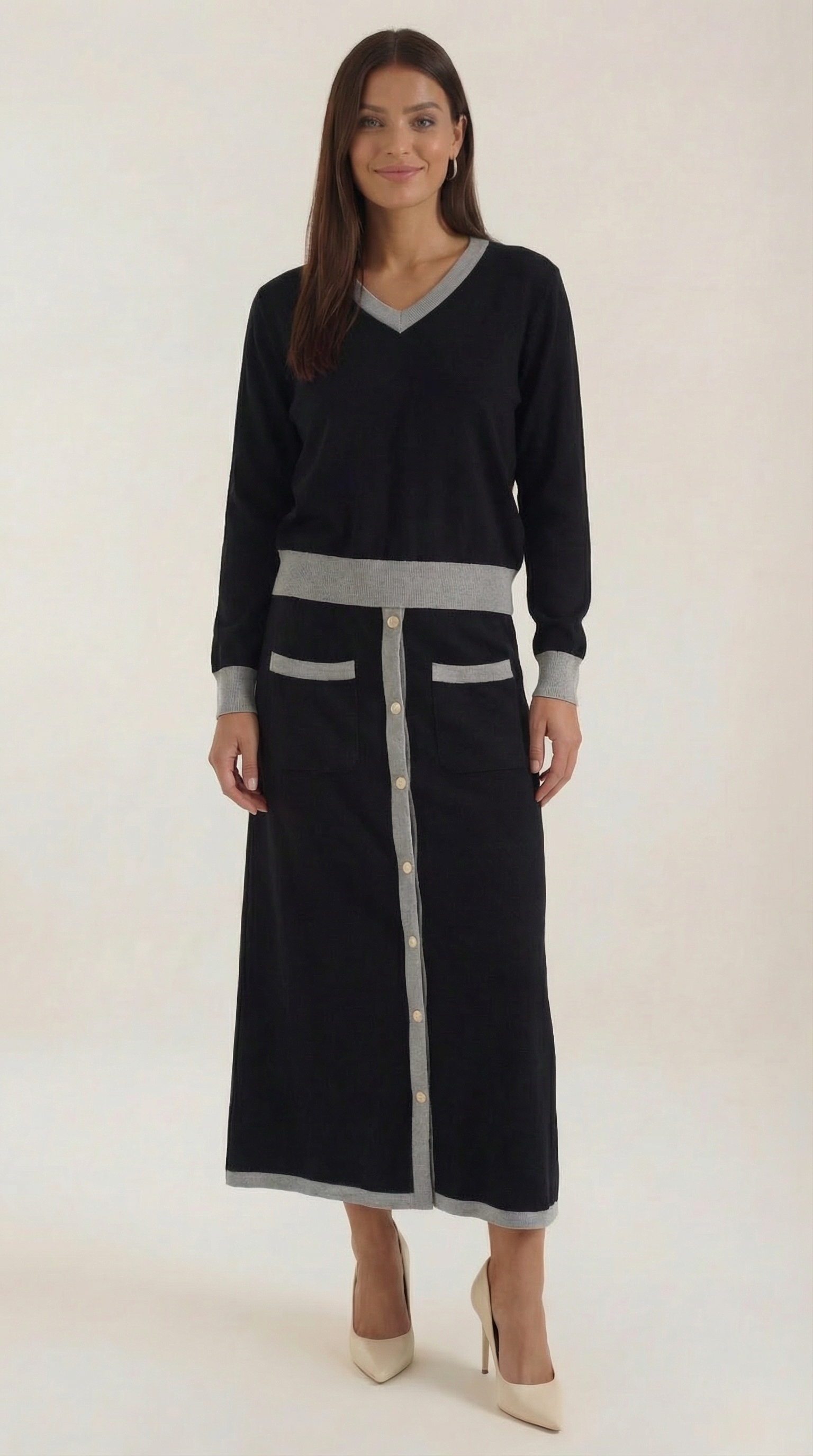 Set Donna Maglia Scollo a V e Gonna Midi Vintage Coordinato