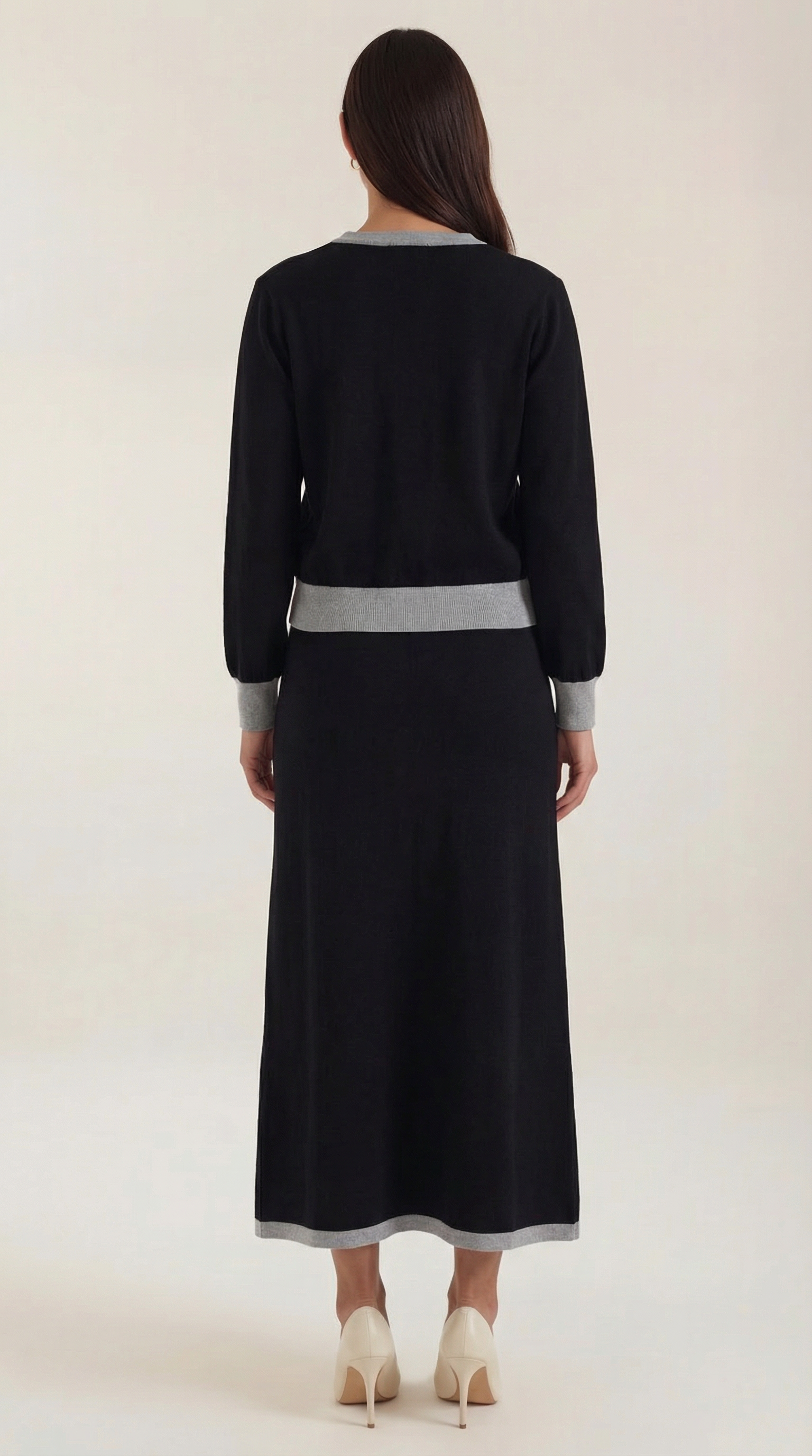 Set Donna Maglia Scollo a V e Gonna Midi Vintage Coordinato