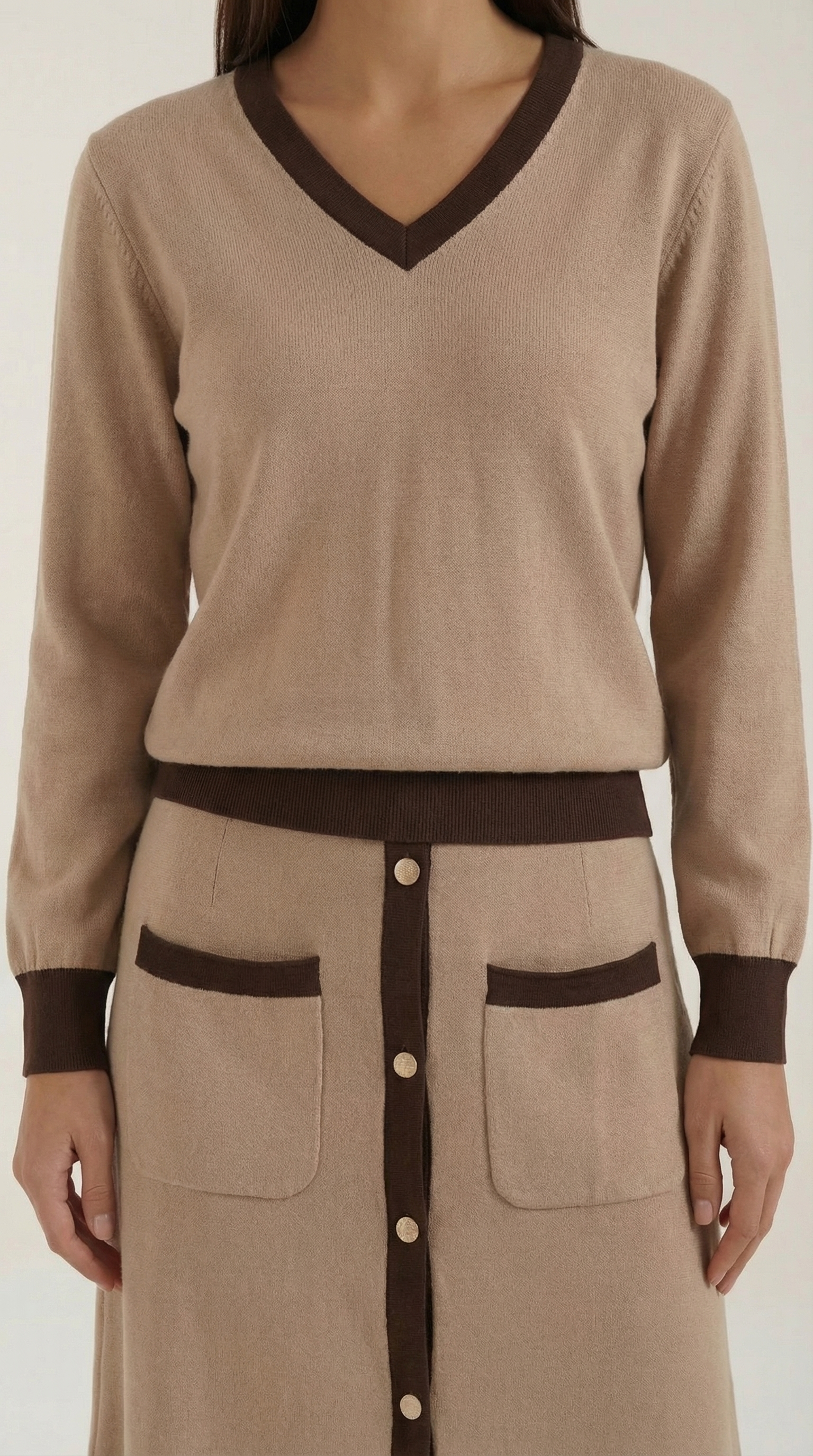 Set Donna Maglia Scollo a V e Gonna Midi Vintage Coordinato